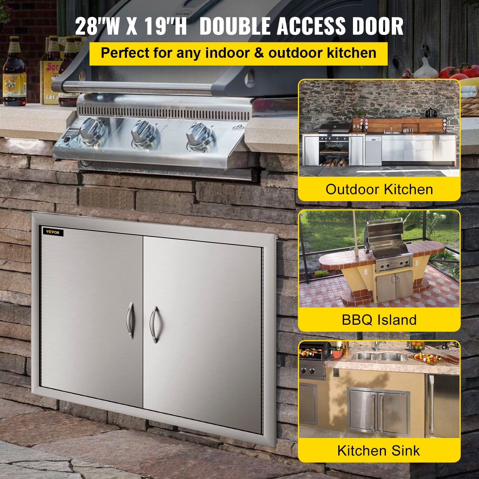 BBQ Access Door 28W X 19H inch, Double BBQ Door Stainless Steel, Outdoor Kitchen Doors for BBQ Island, Grill Station, Outside Cabinet