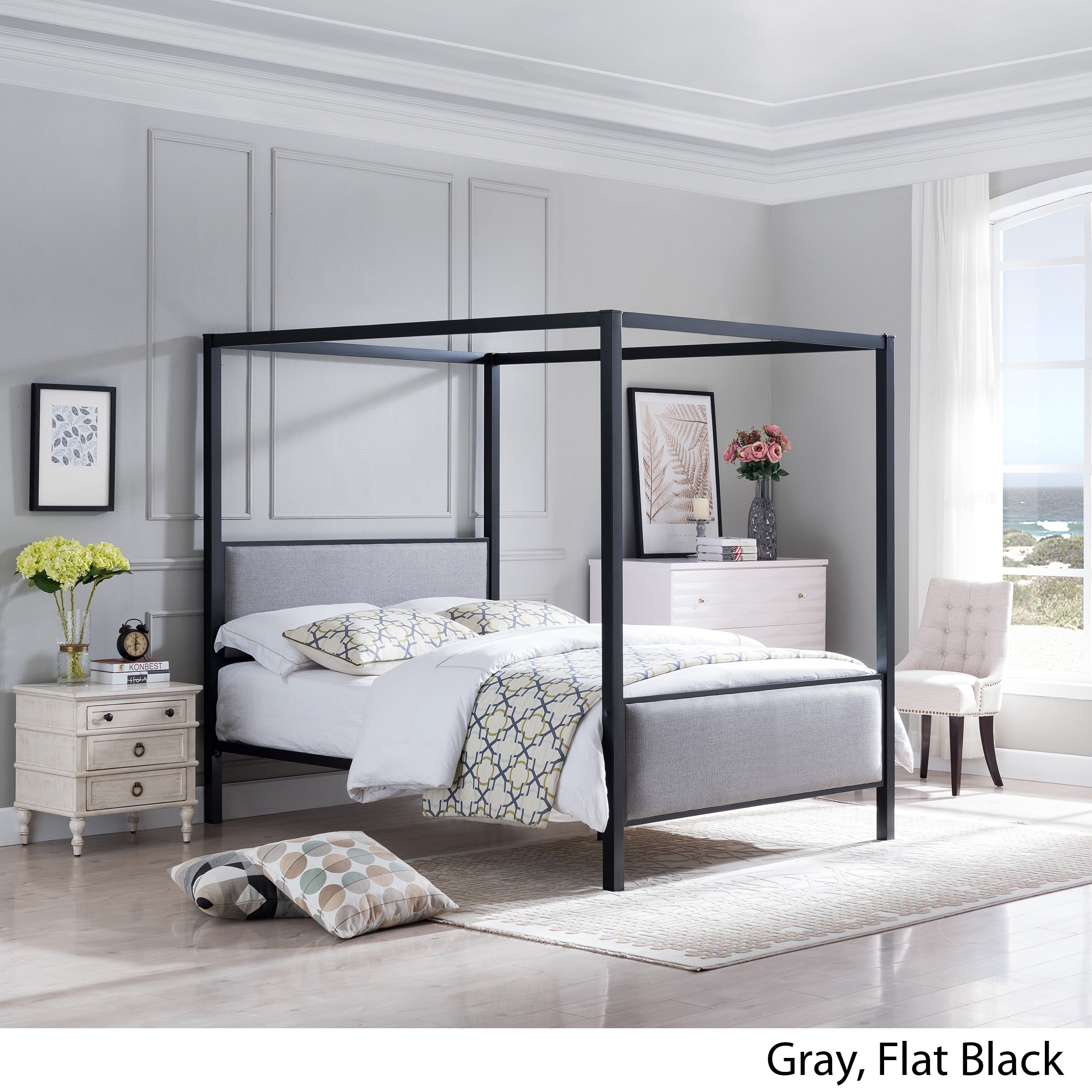 Kama Traditional Fabric Canopy Queen Bed with Iron Frame, Gray and Flat Black