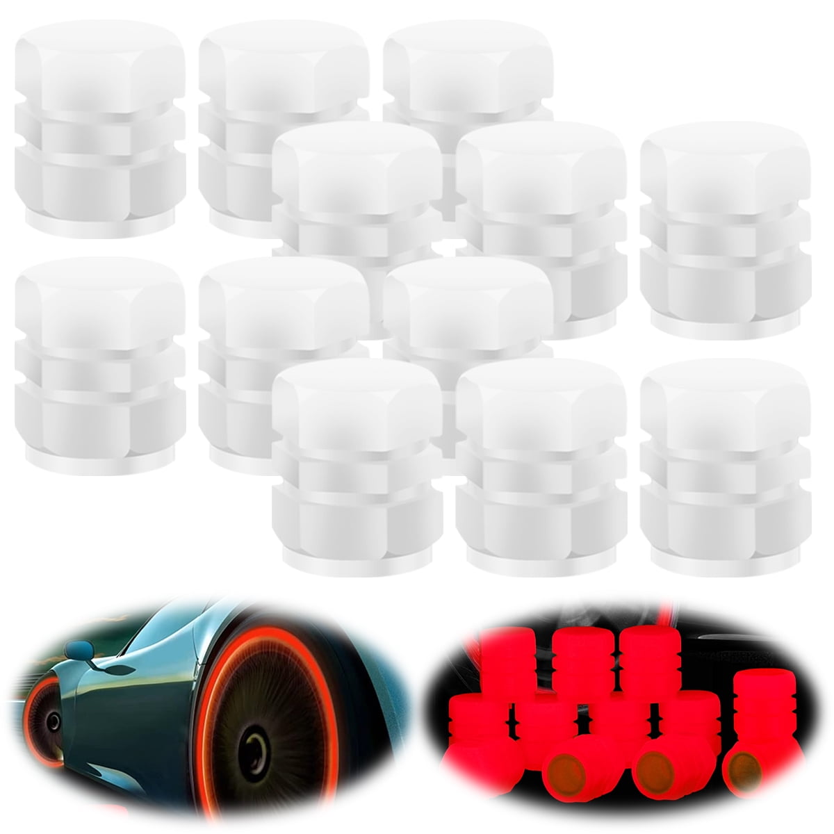 Glowing Tire Valve Stem Caps - Universal Tyre Valve Stem Caps with Light in Dark, Leakproof Seal (12pcs)