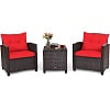 Costway 3PCS Patio Rattan Furniture Set Cushioned Conversation Set Sofa Coffee Table Red