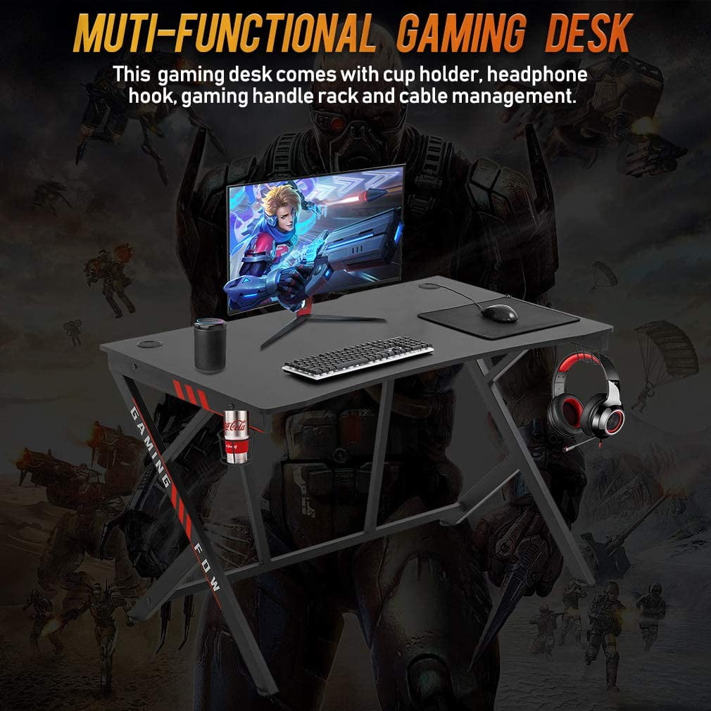 BestOffice Gaming Desk Computer Desk Home Office Desk Racing Style Study DeskExtra Large Modern Ergonomic PC Carbon Fiber Writing Desk Table with Cup Holder Headphone Hook，Red