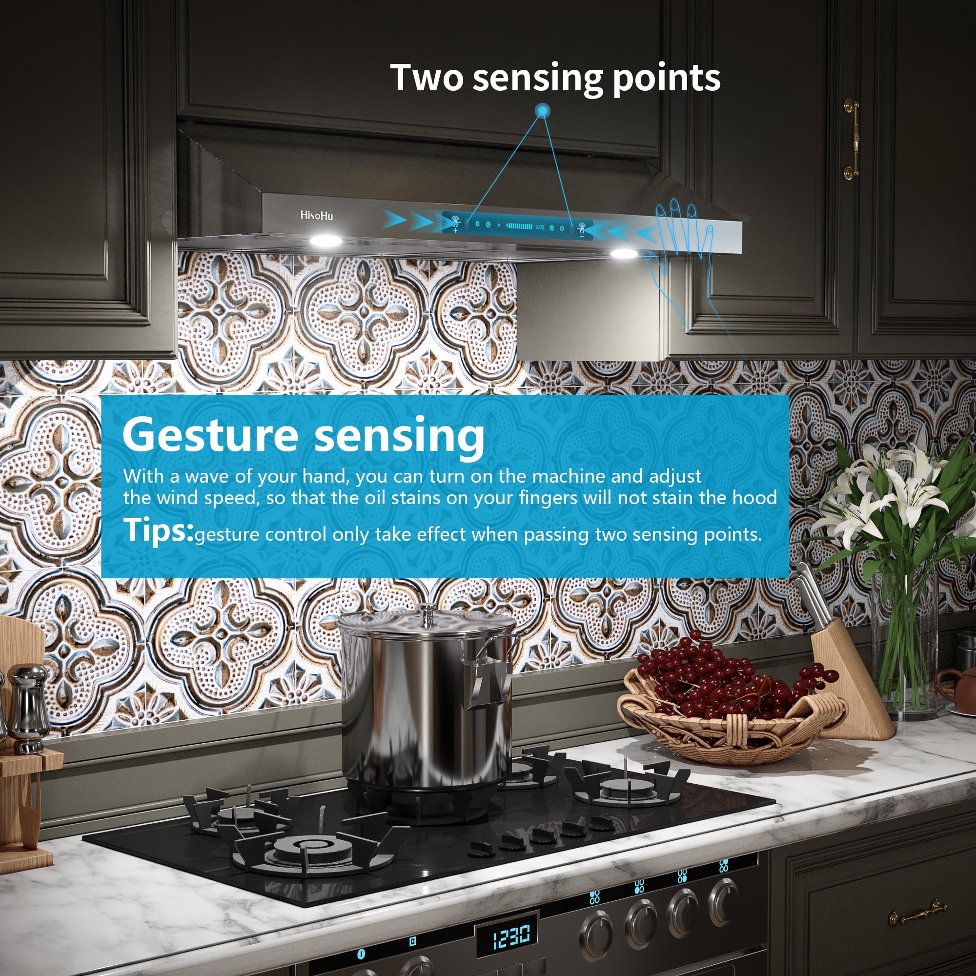 HisoHu Under Cabinet Range Hoods 30 Inch with 900-CFM, 4 Speed Gesture Sensing&Touch Control Panel, Stainless Steel Kitchen Vent