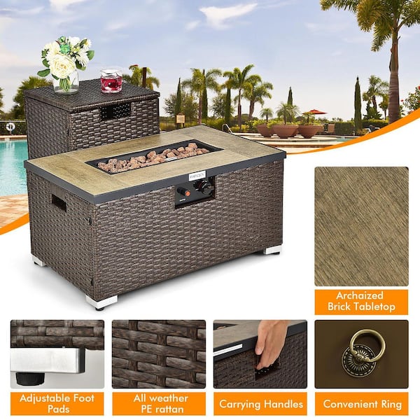 32 in.x 20 in. Propane Rattan Fire Pit Table Set w/Side Table Tank & Cover 40,000 BTU