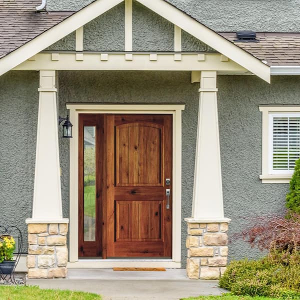 56 in. x 80 in. Rustic knotty alder Sidelite 2 Panel Left-Hand/Inswing Clear Glass Black Stain Wood Prehung Front Door