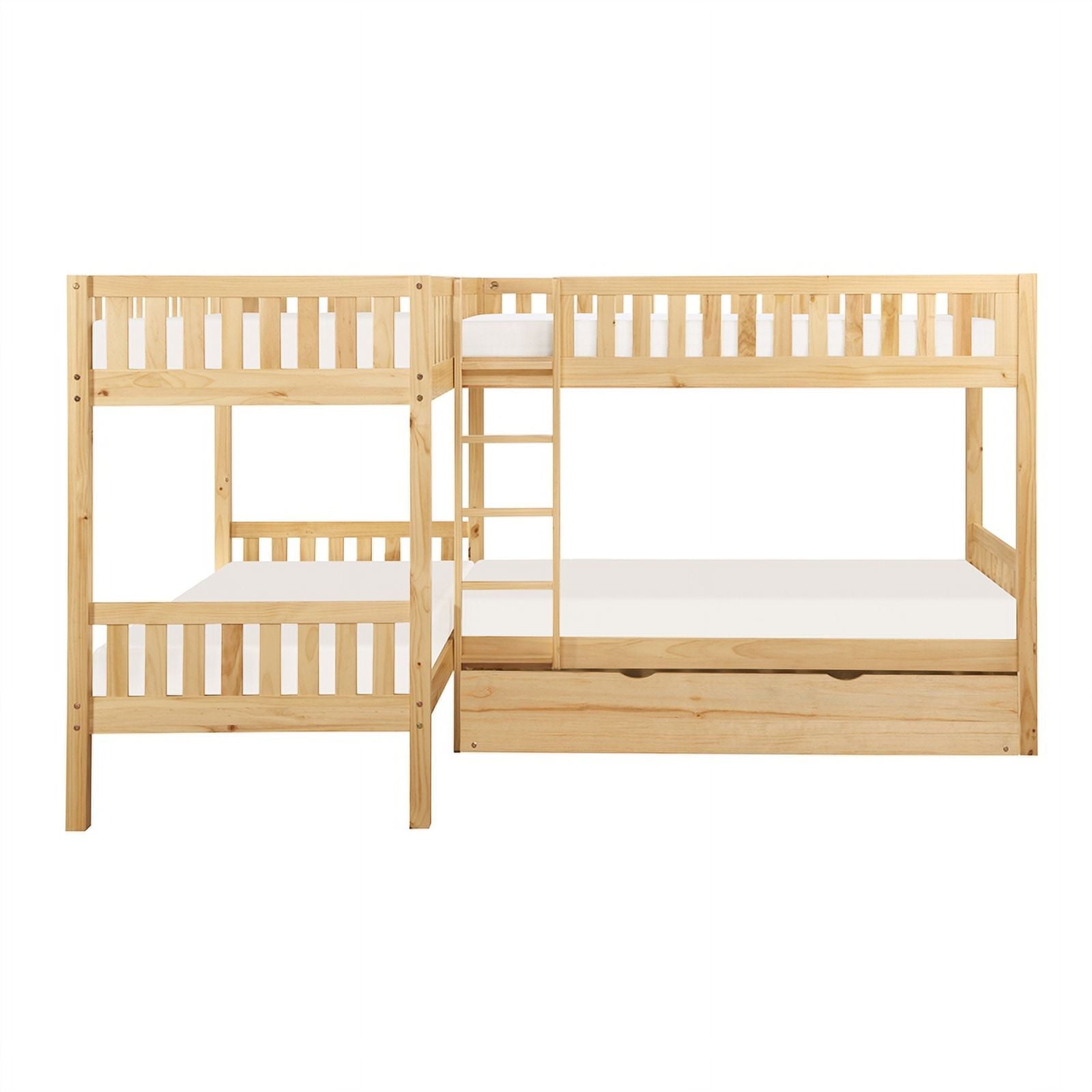 Lexicon Contemporary Wood Corner Bunk Bed with Twin Trundle in Natural Pine