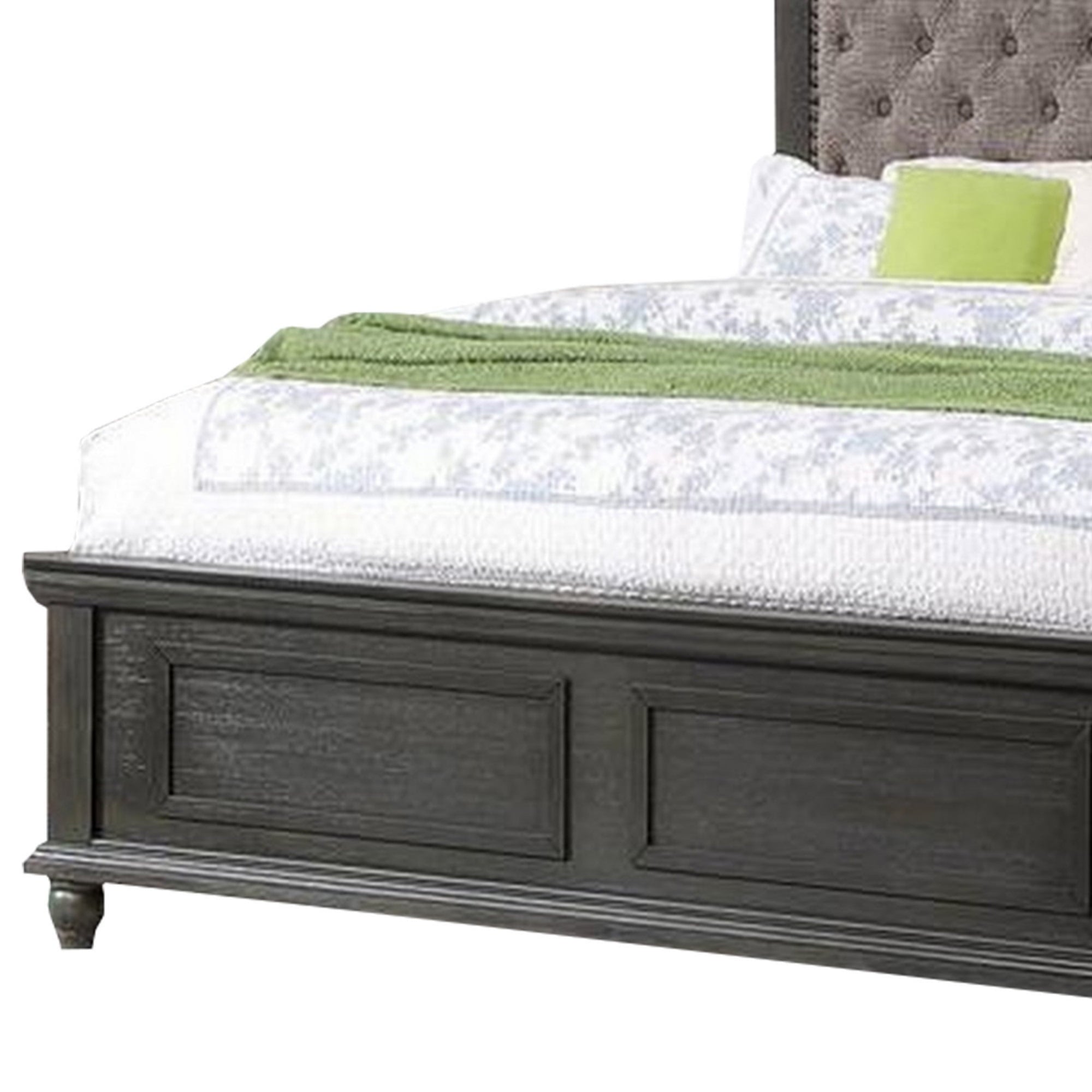 Benjara Zea California King Wood Frame Bed, Taupe Tufted Upholstered Headboard