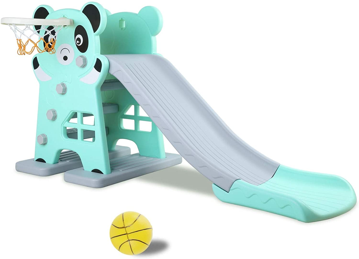 LAZY BUDDY Sturdy Kids Slide with Basketball Hoop & Ball, Toddler Slide Play Climber Outdoor Indoor Playground