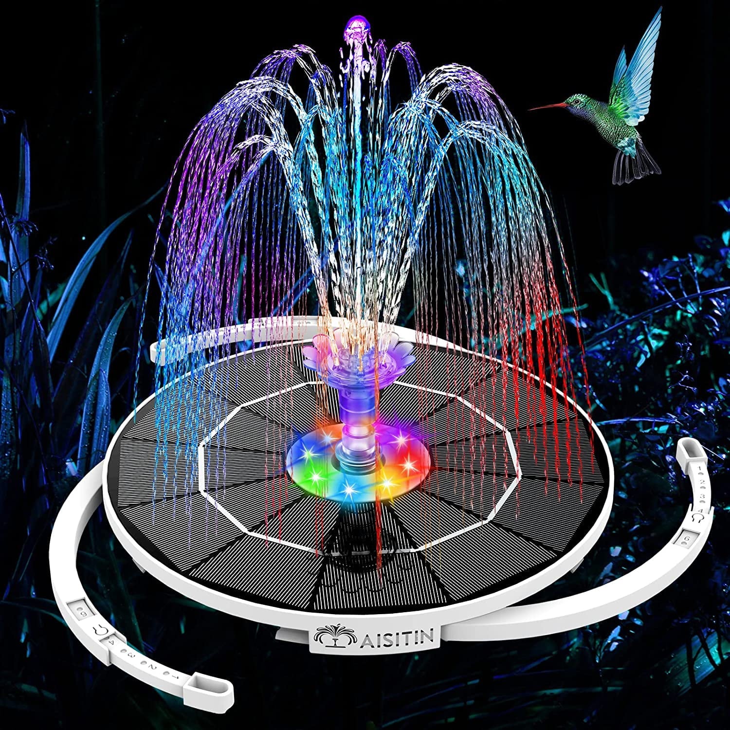 AISITIN 3.5 W LED Solar Fountain Pump with Lights for birdbath/Pool with 16 DIY nozzles, Solar Fountain with 3000 mAh Battery and 8 Colored LED Lights, Retractable Stand for Outdoor, Garden, Pool