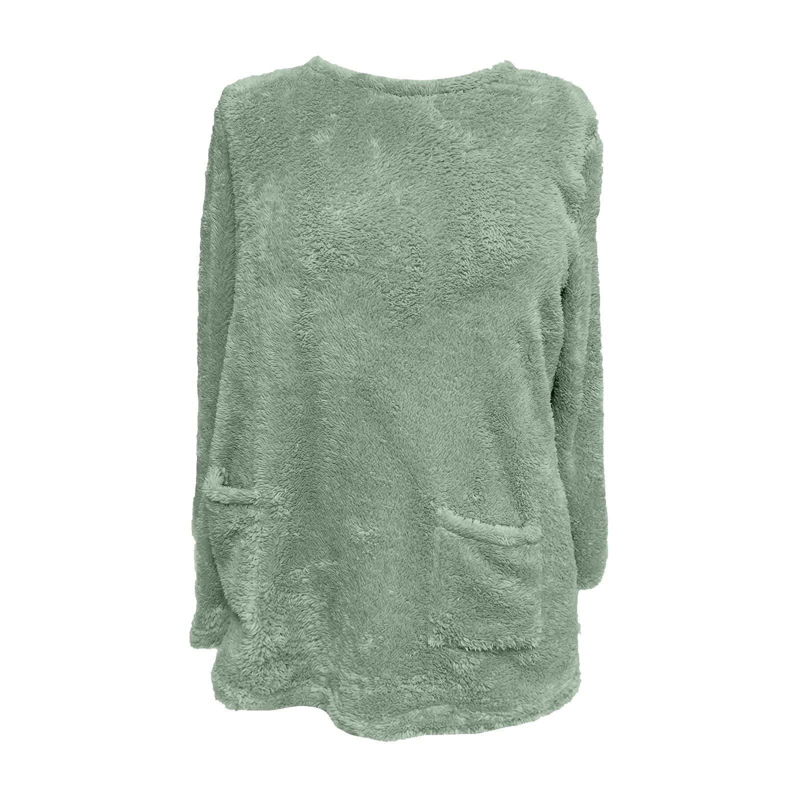 Women's Winter Warm Sherpa Lined Fleece Crewneck Sweatshirt with Pocket Solid Thermal Pullover Loungewear Tunic Tops