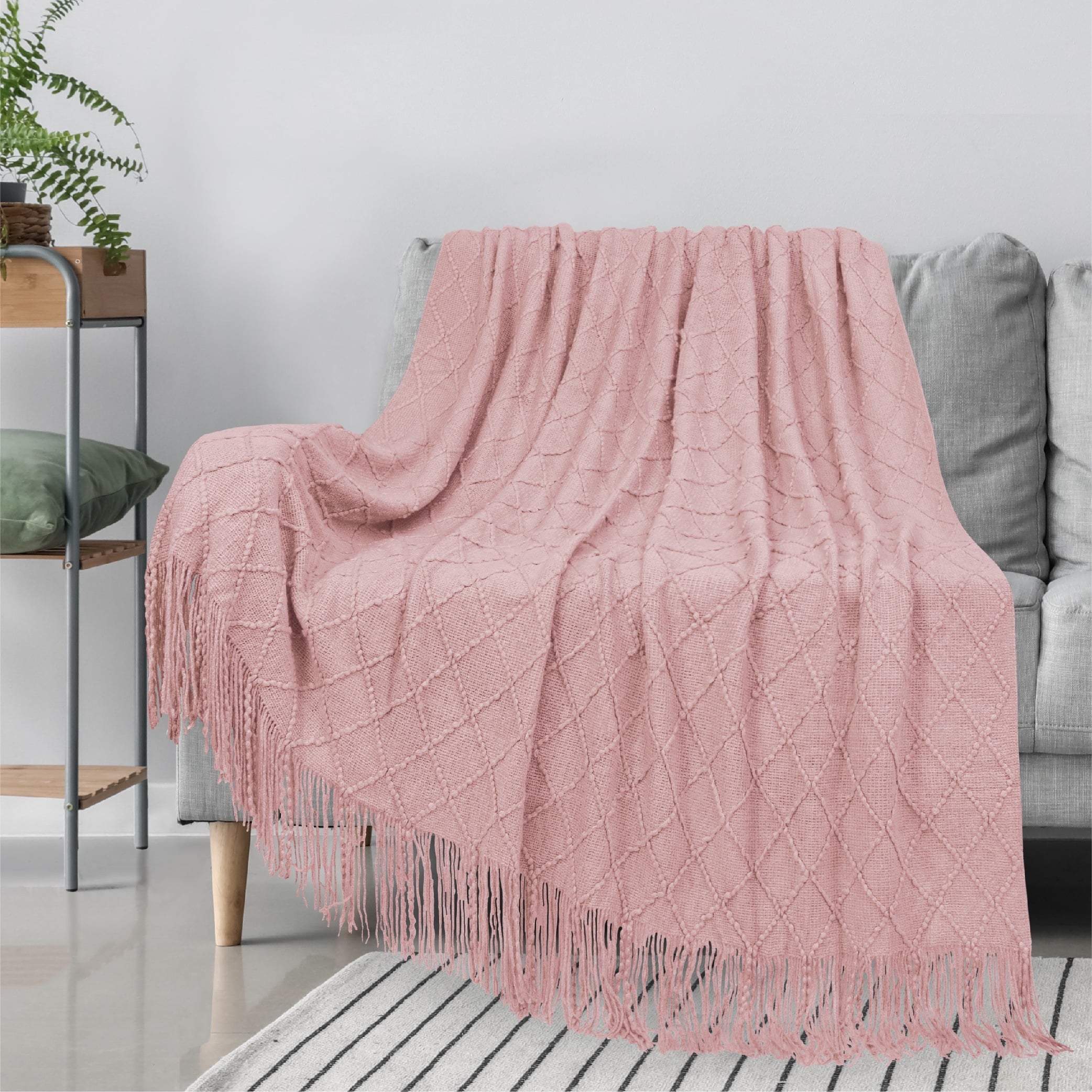 PAVILIA Light Pink Knit Throw Blanket for Couch, Soft Knitted Boho Farmhouse Home Decor Woven Throw, Cozy Decorative Afghan Bed Sofa, Outdoor Summer Fall Gift, Lightweight, Preppy Blush Pink, 50x60