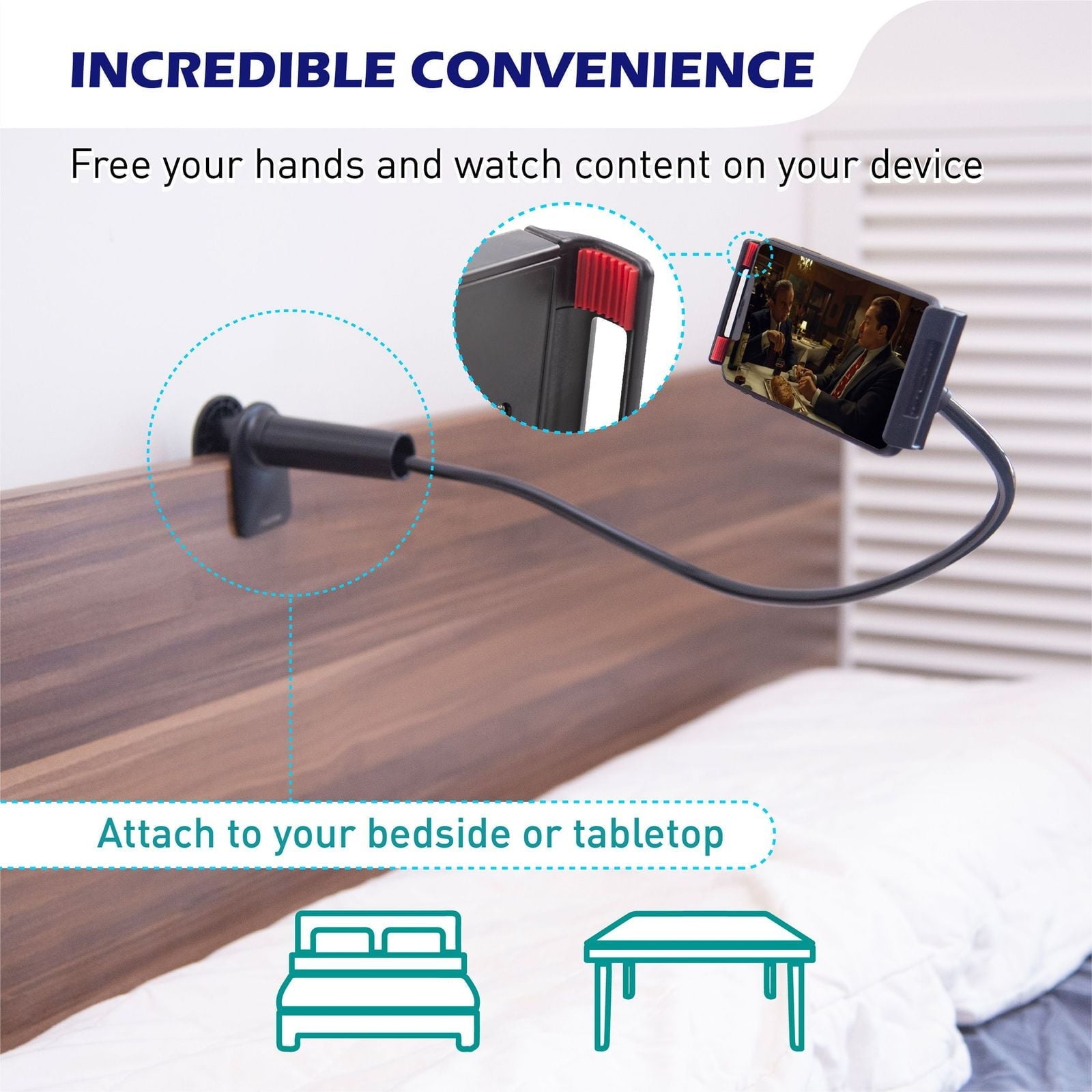 Gooseneck Phone Clip Mount Holder Clamp Stand for Bed Desk Adjustable Flexible Compatible with Android iPhone iPad, Width Up to 7.5