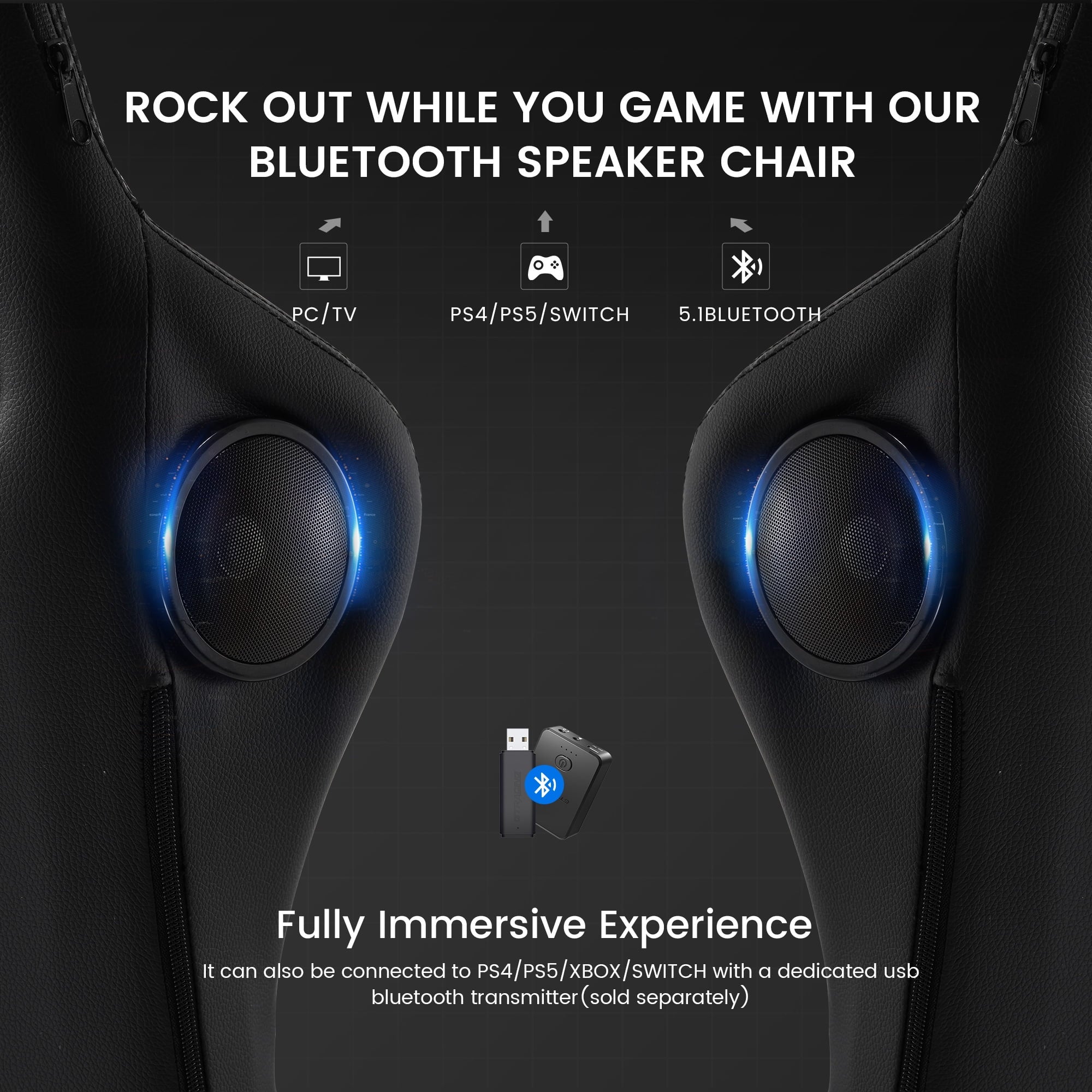 GTRACING GTW-100 Reclining Office Gaming Chair with Bluetooth Speakers and Footrest, Black