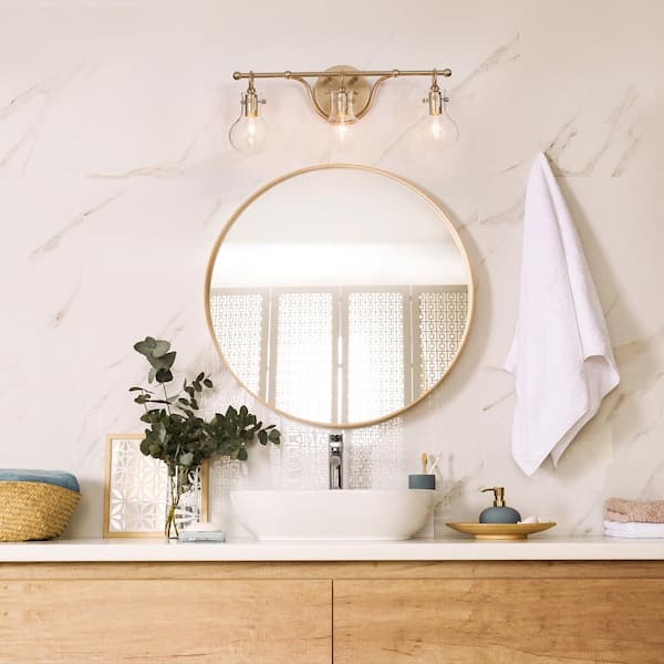 Modern 21 in. 3-Light Brass Gold Bath Vanity Light with Globe Clear Glass Shade Wall Sconce, LED Compatible