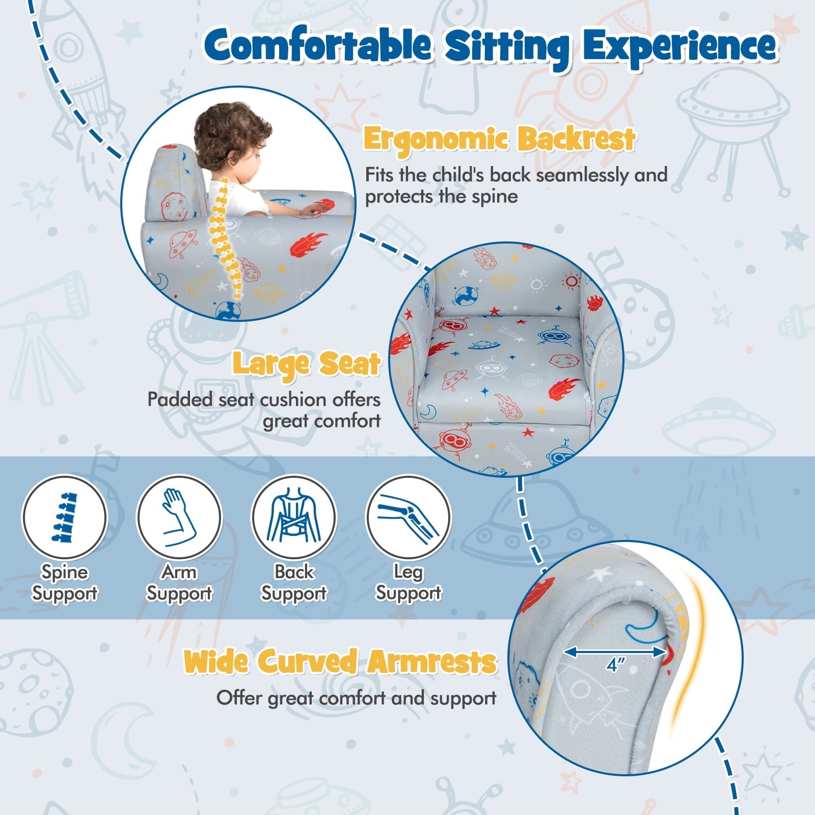 Infans Kids Sofa Toddler Upholstered Armrest Chair w/Solid Wooden Frame Gray