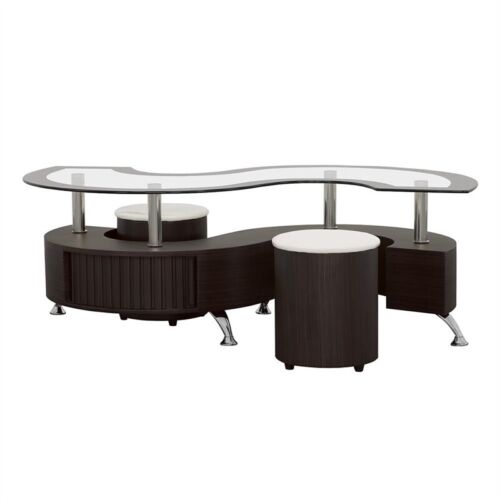 Coaster Buckley 3-Piece Clear Glass Top Coffee Table with Stools in Cappuccino
