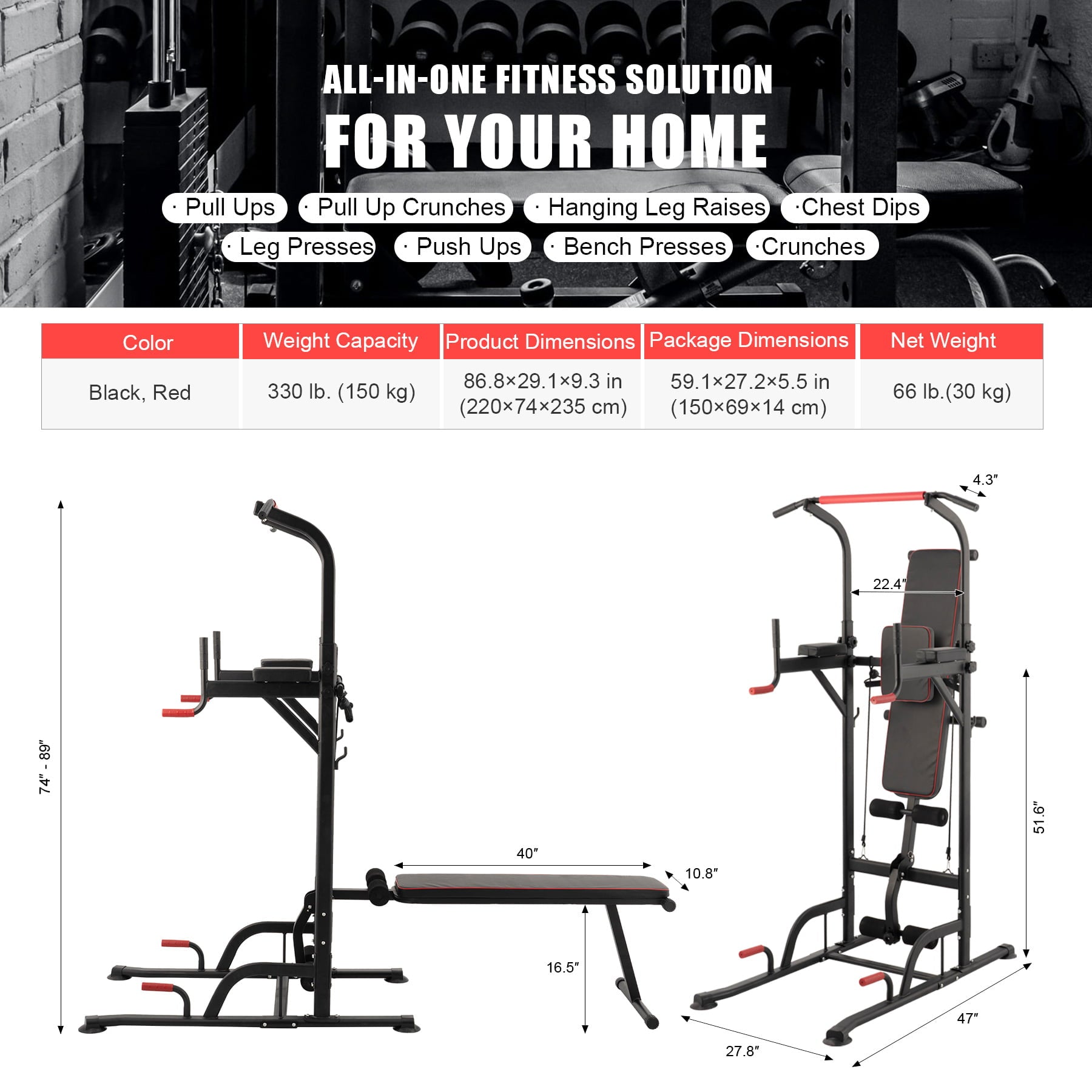 Power Tower Pull Up Bar Dip Station with Sit Up Bench Home Gym Workout Equipment