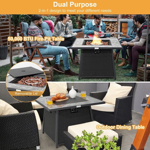 35 in. Propane Gas Fire Pit Table Patio PE Wicker Rattan w/Lava Rocks PVC Cover