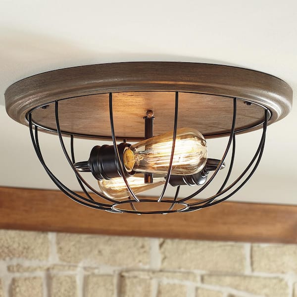 Keaton Collection 15-3/4 in. Bronze Industrial 2-Light Bedroom Flush Mount Light with Open Cage Frame Two Bulbs Included