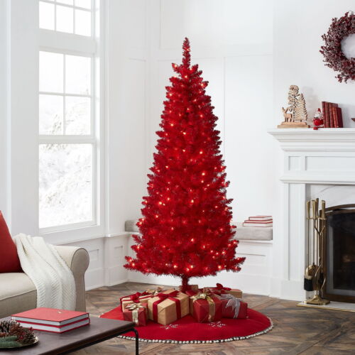 Home 6.5 Ft Pre-Lit Red Flocked Pine Artificial Christmas Tree, 200 Clear Lights