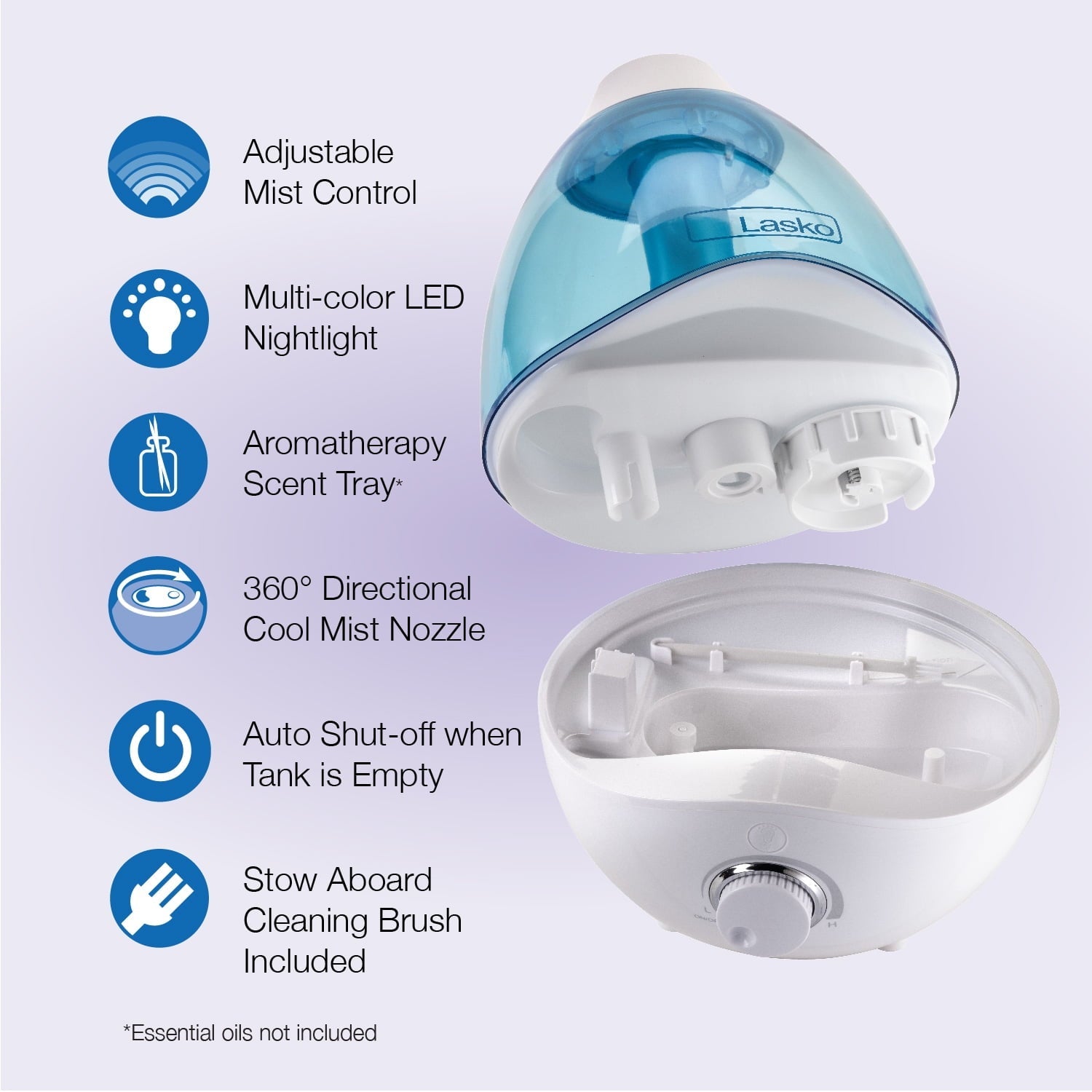 Lasko Ultrasonic Cool Mist Humidifier with Scent Tray and Nightlight, UH200, White and Blue