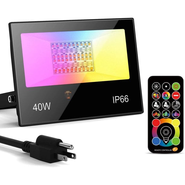 Outdoor LED Flood Light RGB Color Changing + 400 W Equivalent 2700 k Warm White 4000 LM light( 120 Colors Strobe, Dimmable,24H Timer, US 3-Plug)