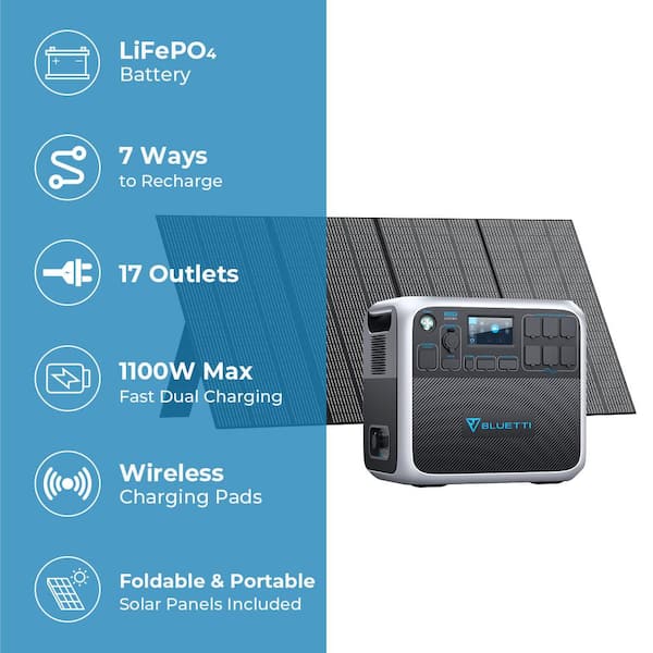 2000W Continuous/4800W Peak Output Power Station AC200P Push Button Start LiFePO4 Battery with 380-Watt Solar Panel