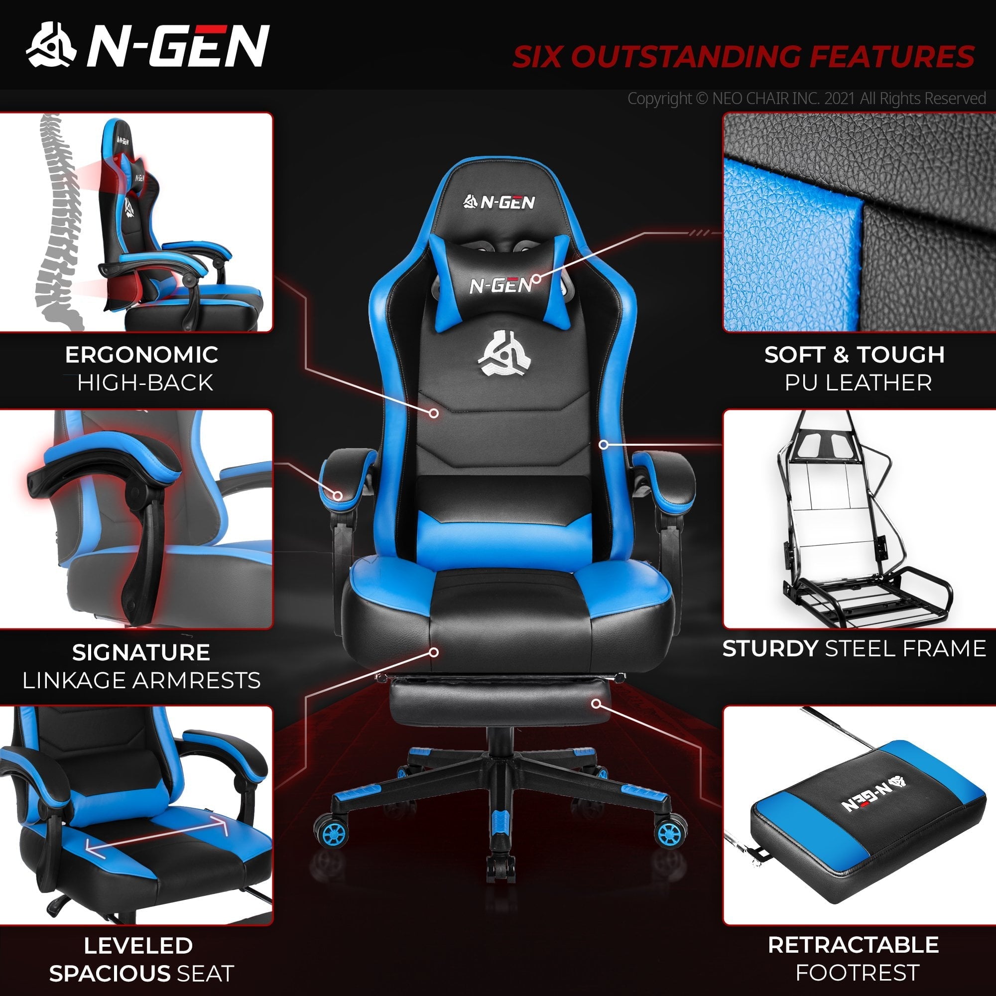 N-GEN Citus Series Ergonomic Leather Footrest High Back Gaming Chair, Blue