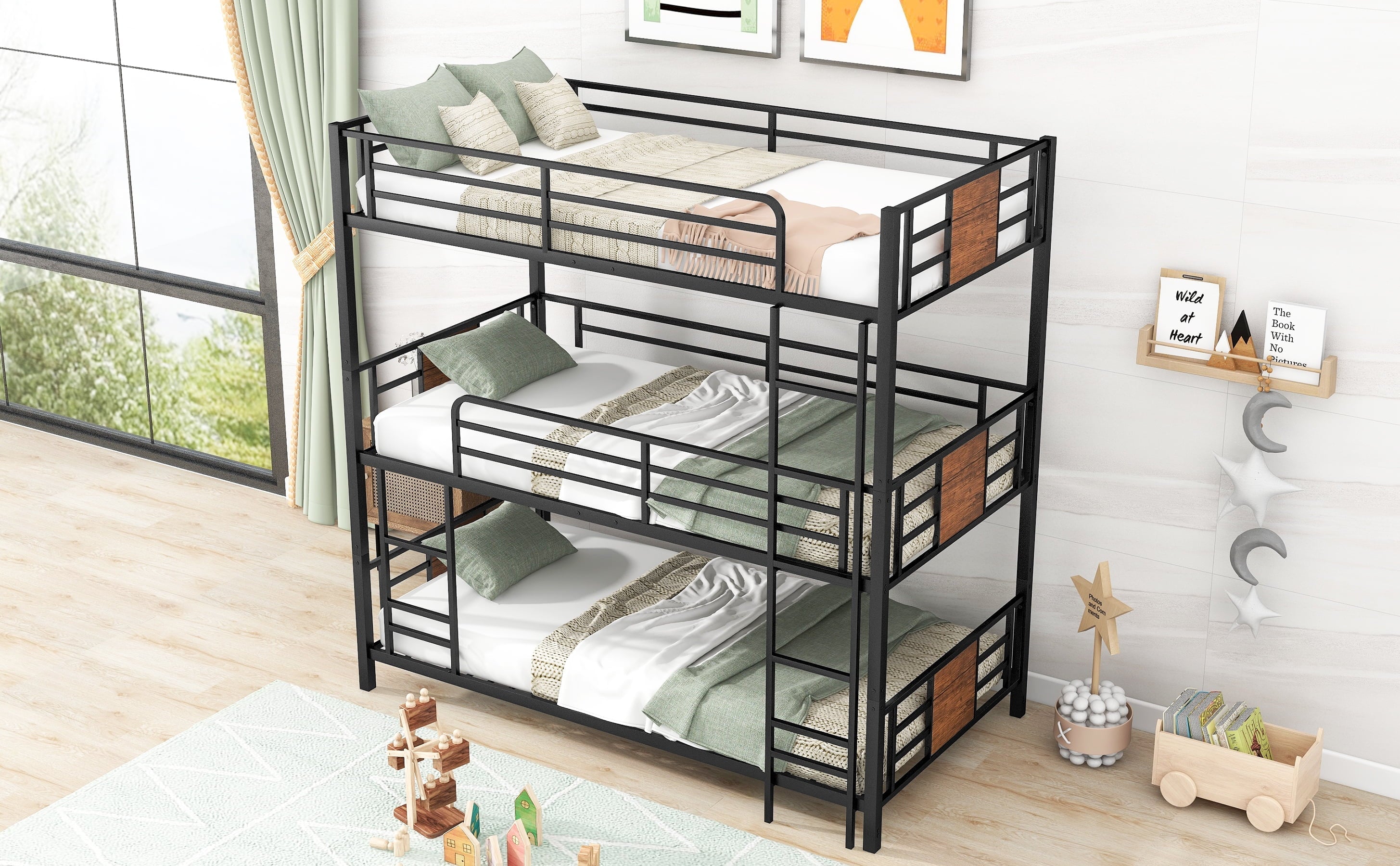 Euroco Metal Twin over Twin over Twin Bedroom Bunk Bed, Triple 3-in-1 Bed, Brown