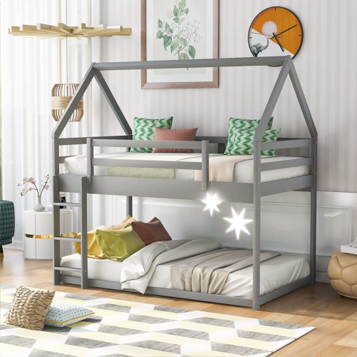 Twin over House Bunk Bed with Safety Guardrail and Ladder, Wood Loft Frame Roof