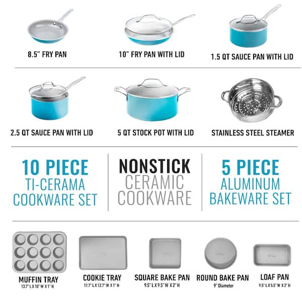 15-Piece Aluminum Ceramic Coating Nonstick Cookware and Bakeware Set in Aqua Blue
