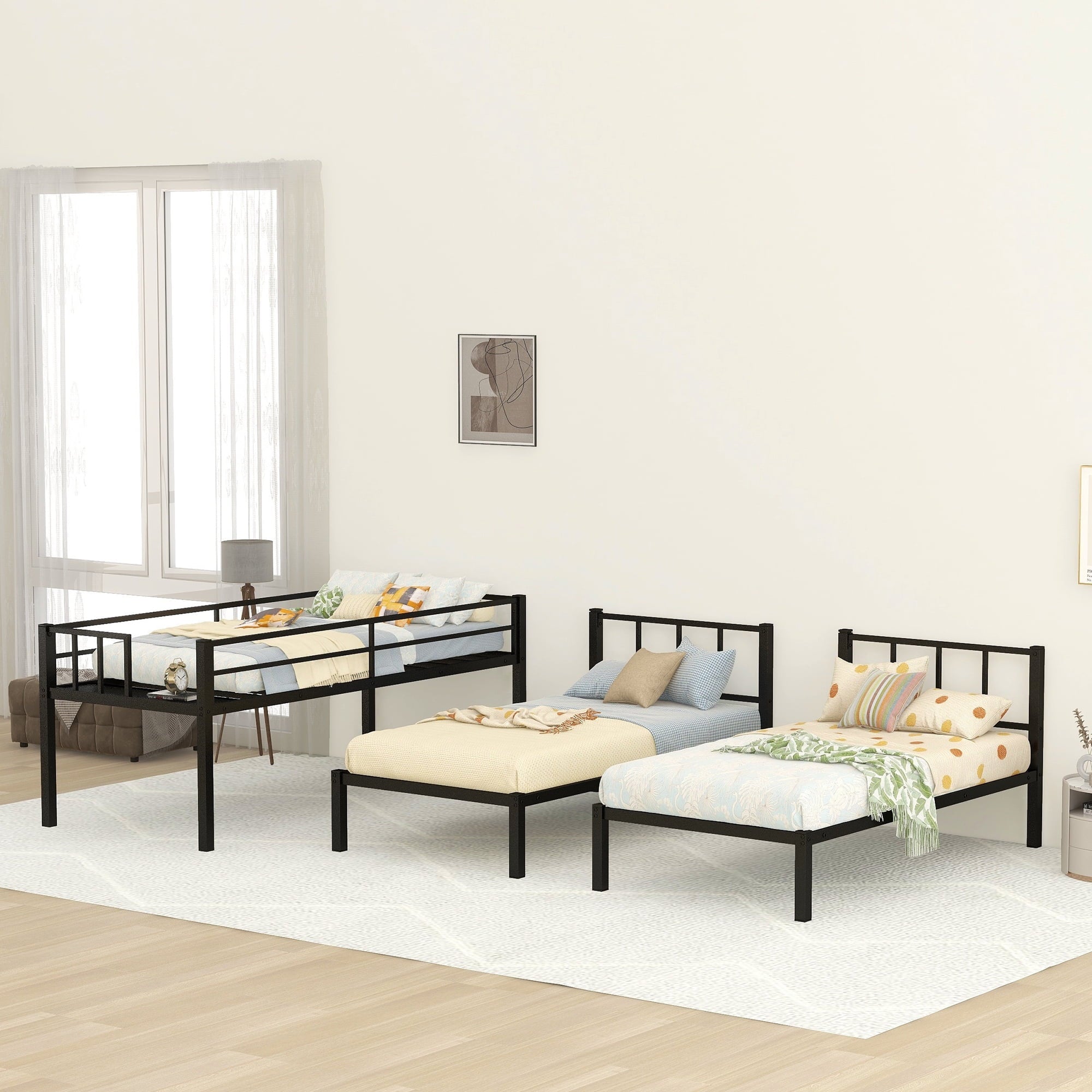 Jump Into Fun Triple Bunk Bed, Metal Twin over Twin and Twin Bunk Bed with Ladder, Full-Length Guardrail, 3 Beds Bunk Bed Can Convertible into 3 Twin Beds for Kids, Teens, Adults, Noise Free, Black