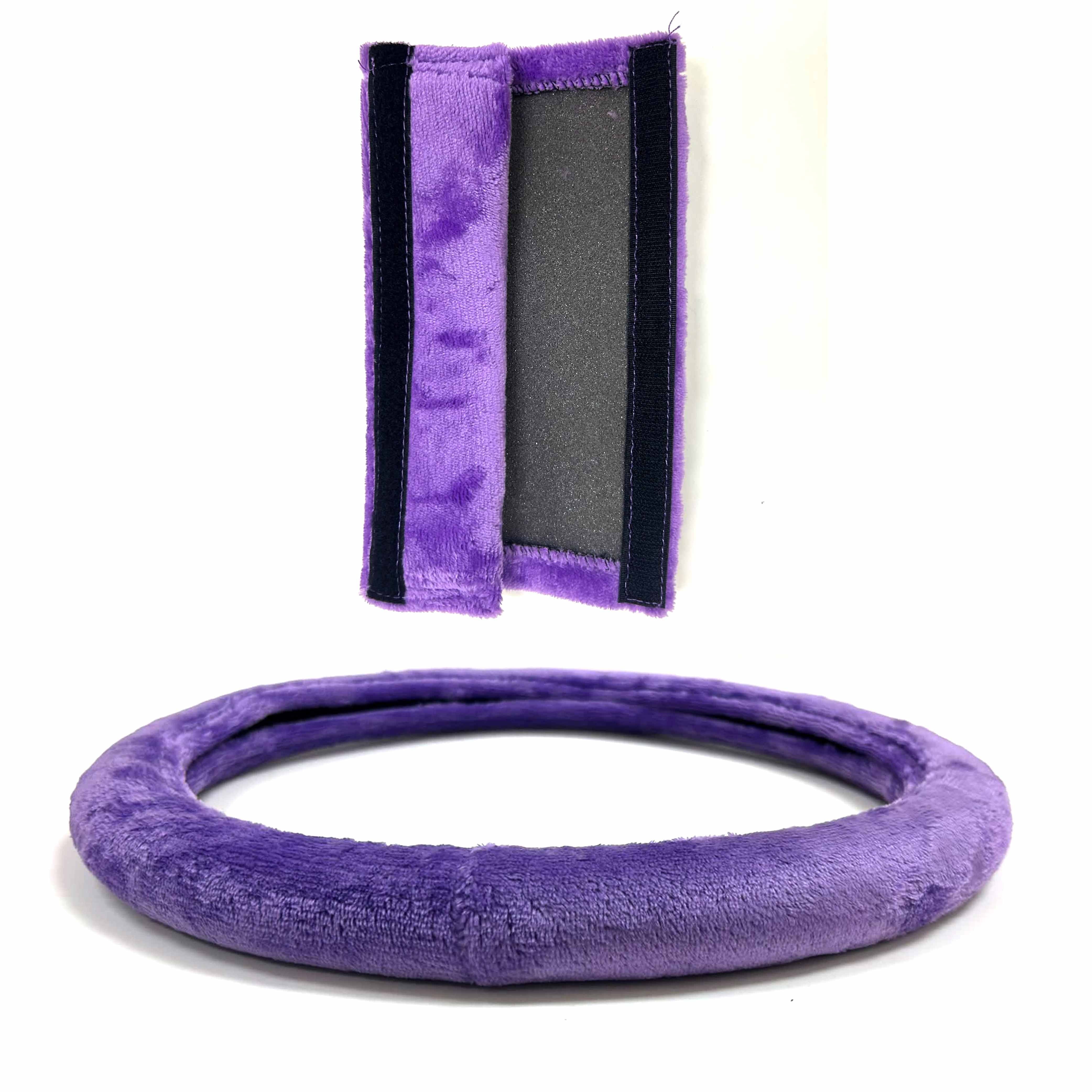 Purple Steering Wheel Cover Seatbelt Cushion Soft Velvet Universal 15 inch Plush