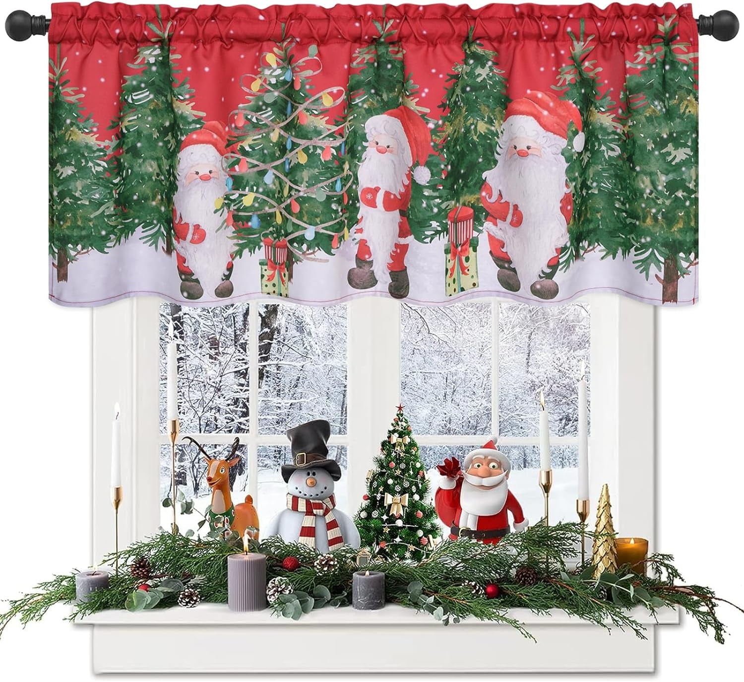 Alishomtll Christmas Valance Curtains Santa Claus Kitchen Curtains Holly Tree Window Valances Rod Pocket ,52