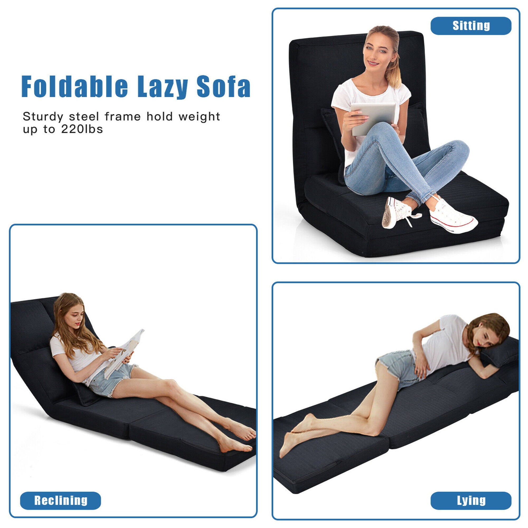 Gymax Flip Chair Convertible Sleeper Couch Futon Bed Lounger w/Pillow Black