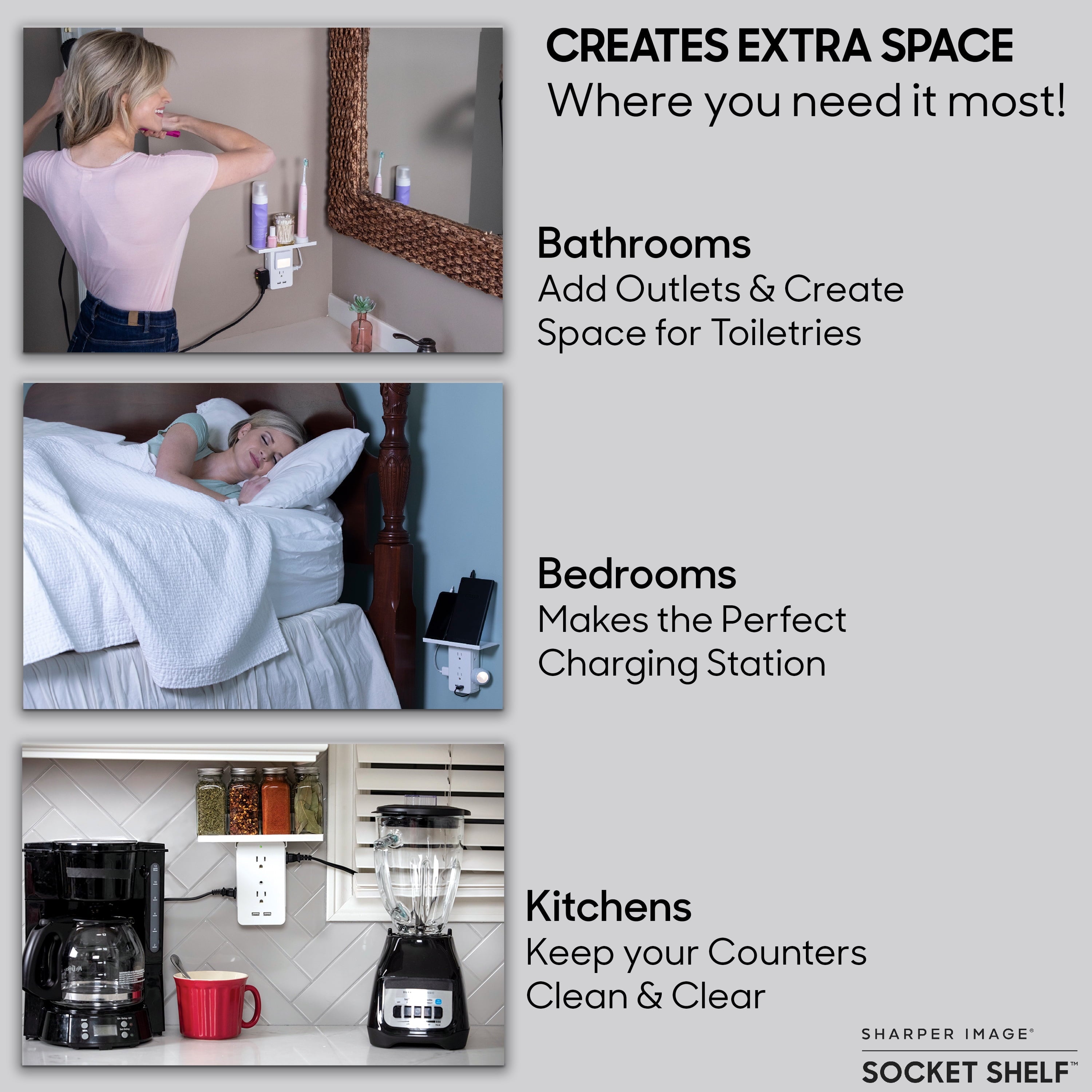 Sharper Image Socket Shelf,  6 Electrical Outlet Extenders, 2 USB Charging Ports, White