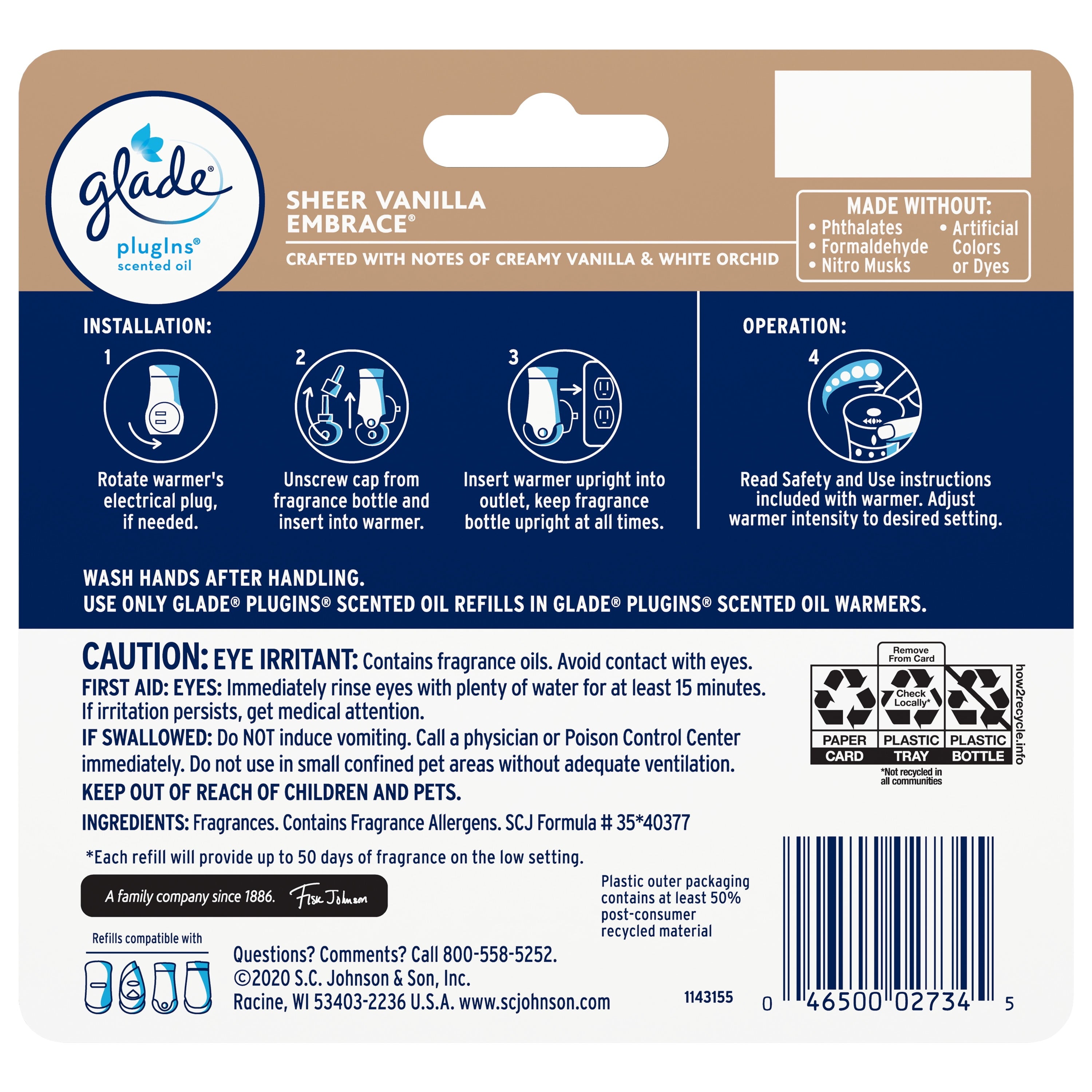 Glade PlugIns Scented Oil 5 Refills, Air Freshener, Sheer Vanilla Embrace, 5 x 0.67 oz