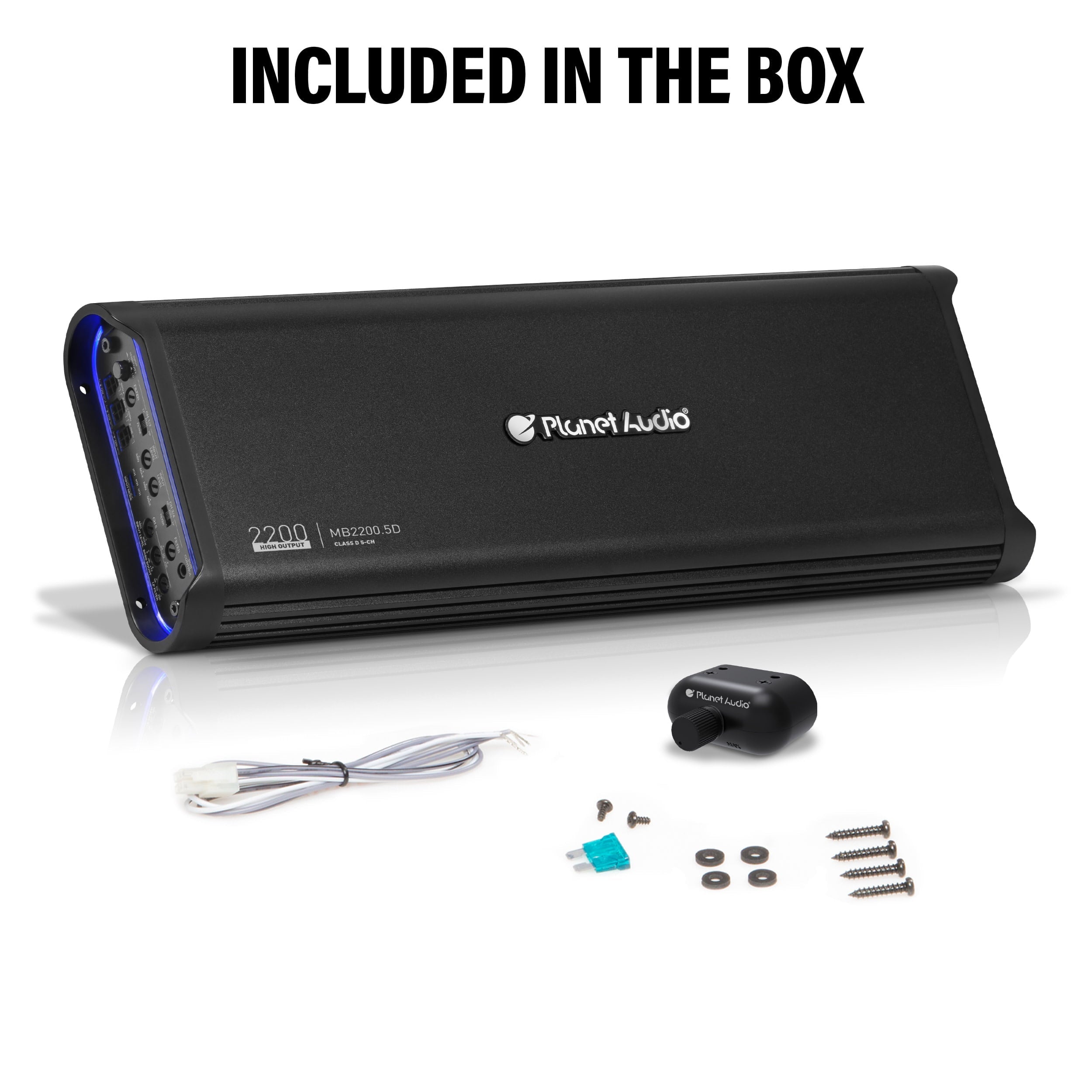 Planet Audio MB2200.5D Mini Bang Series Car Audio Amplifier - 2200 High Output, 5 Channel, Class D, 2 Ohm, Low/High Level Inputs, Low/High Pass Crossover, Full Range, Hook Up To Stereo and Subwoofer