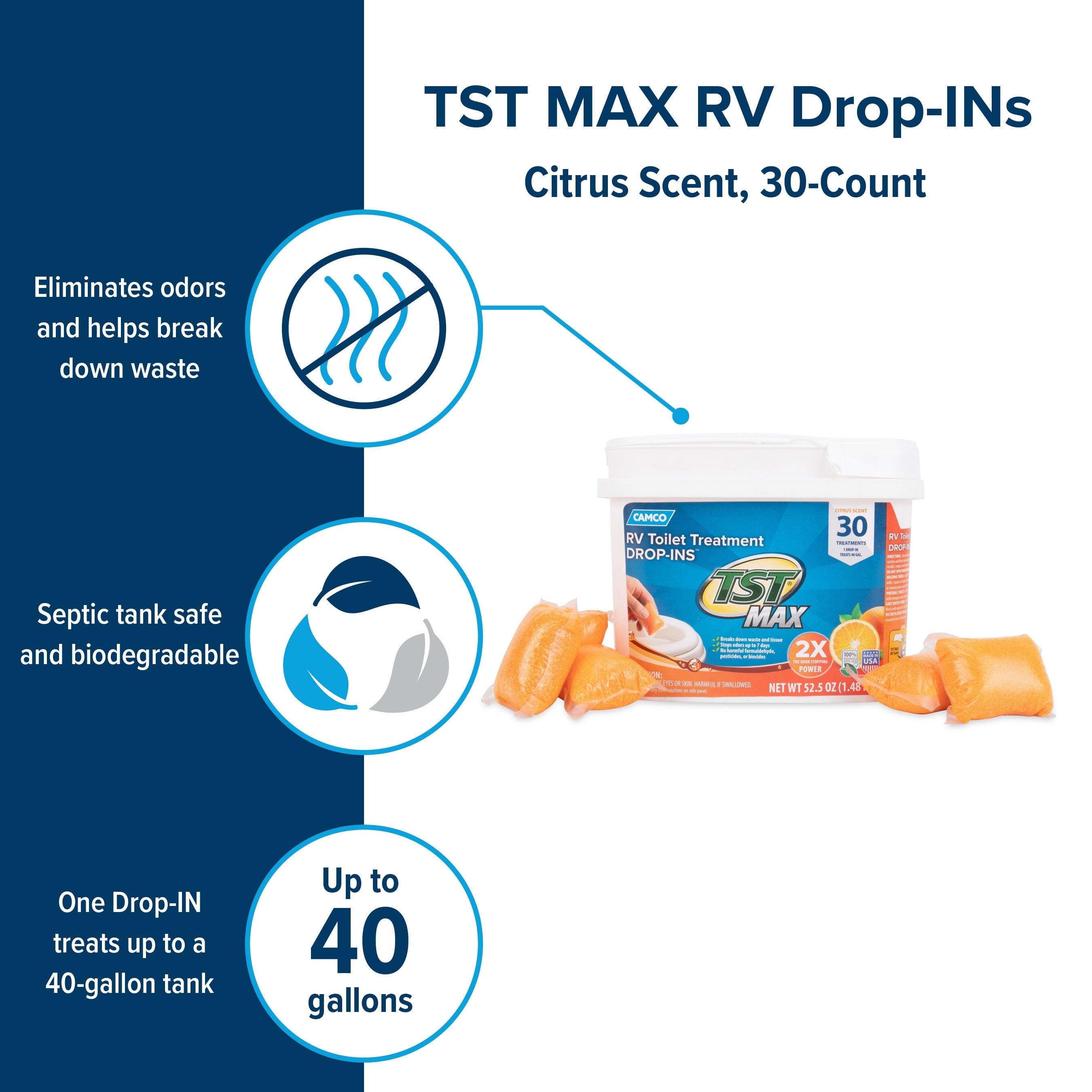 Camco TST MAX Camper/RV Toilet Treatment Drop-INs | Control Unwanted Odors and Break Down Waste and Tissue | Safe Septic Tank Treatment | Orange Scent | 30-Pack (41183)