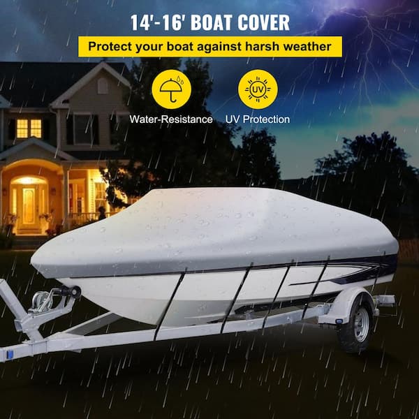 Waterproof Boat Cover 14 ft. to 16 ft. Trailerable Boat v Hull Cover Up to 90 In. For Heavy-Duty 6 Moor Boat