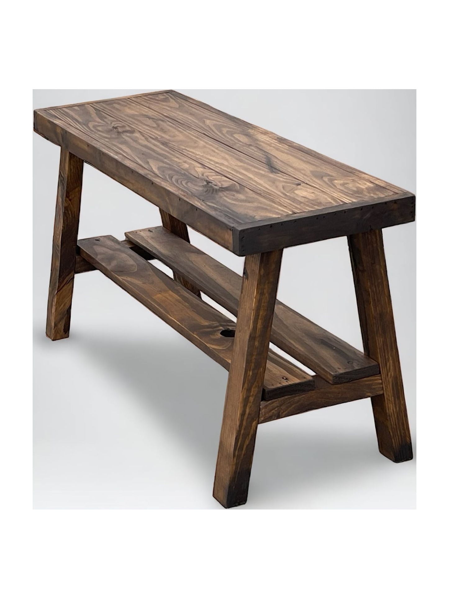 Solid Pine Wood Entryway Bench with Shelf, Dark Brown Finish