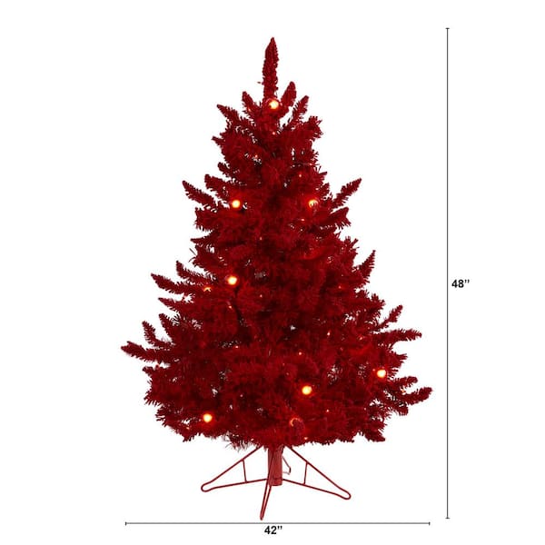 4 ft. Red Pre-lit Flocked Fraser Fir Artificial Christmas Tree with 100 Red Lights, 14 Globe Bulbs
