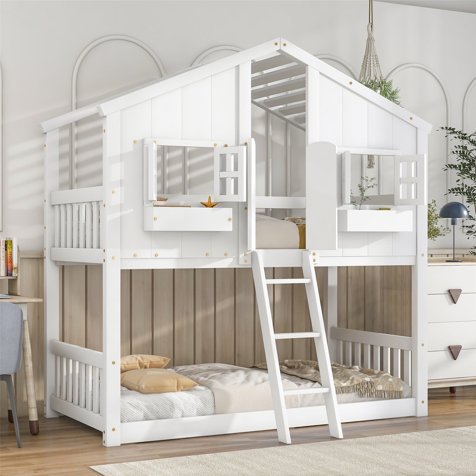 Twin Over Twin House Bunk Bed with Roof/Window/Window Box/Door Designs, Wooden Floor Bunk Bed Frame with Safety Guardrails and Ladder for Kids Boys Girls,White