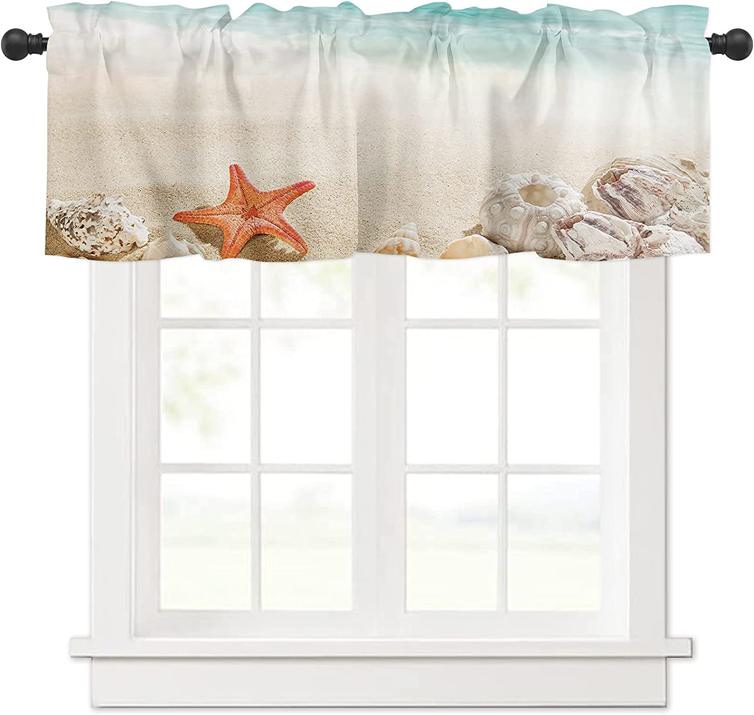 PKQWTM Starfishes Seashells Sandy Beach Window Curtain Valance Rod Pocket 54x18 inch