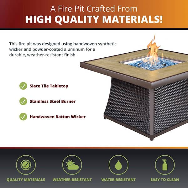 Elio 42 in. W x 24.6 in. H Square Propane Gas Brown Aluminum Frame Rattan Wicker Tile Top Fire Pit Table