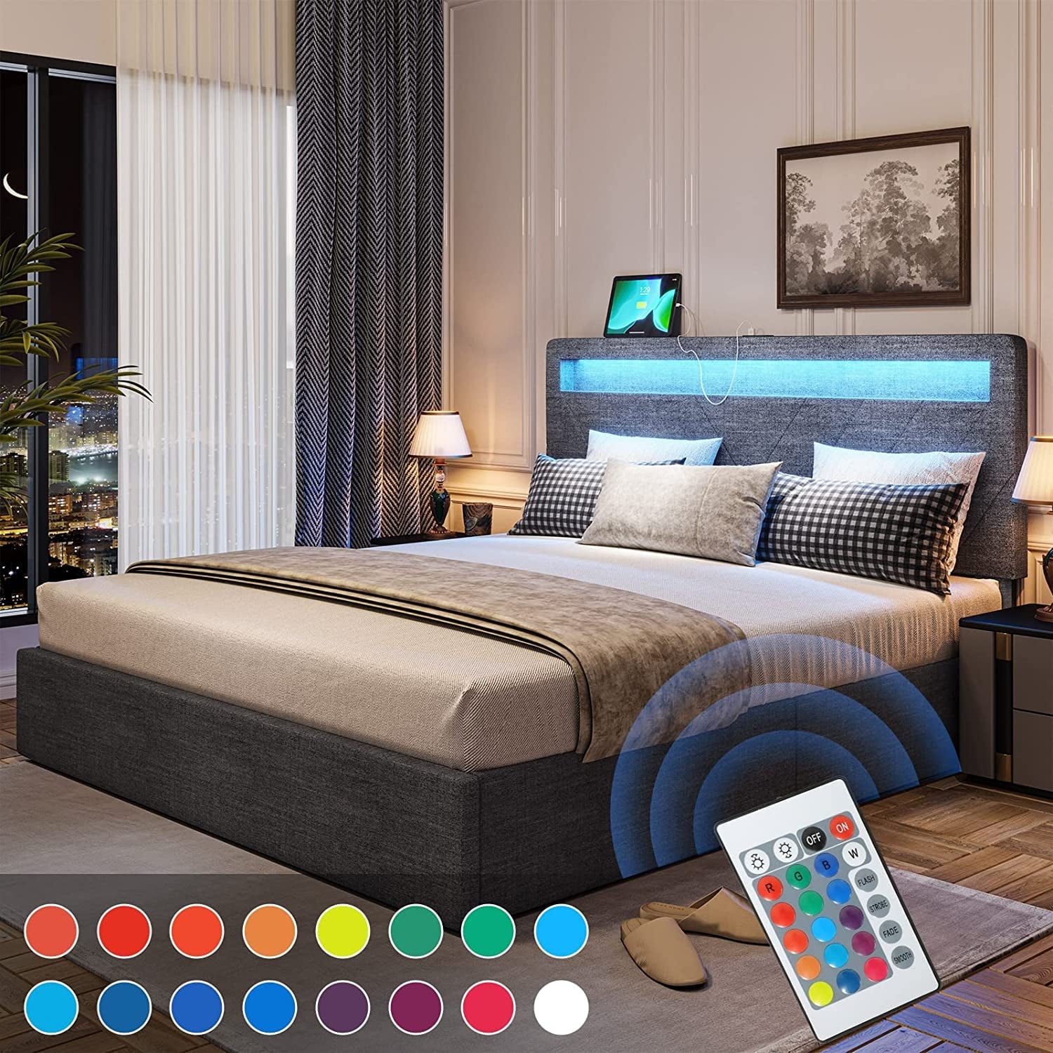 SEDETA Queen Bed Frame with 4 Drawers, LED Lights Headboard, 2 USB Charging Station, Upholstered Platform Bed, Dark Grey