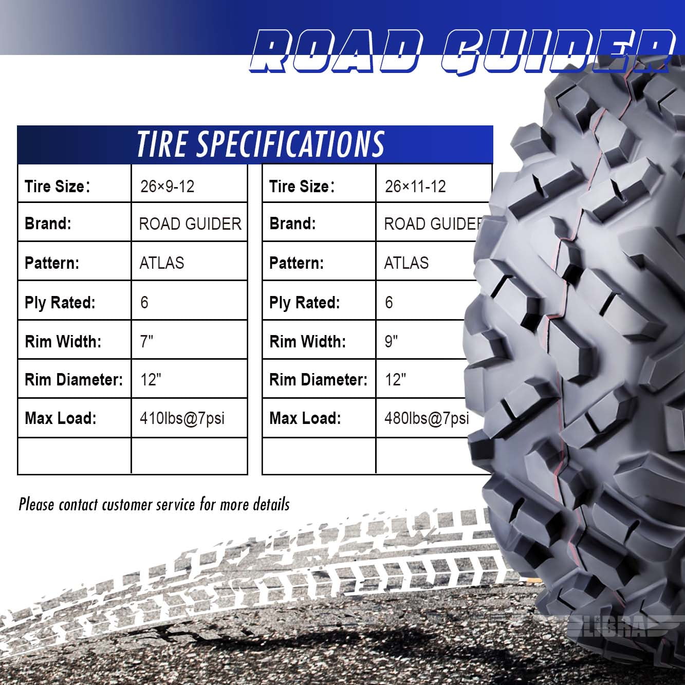 Set 4 Roadguider ATV UTV Tires 26x9-12 26x9x12 front & 26x11-12 26x11x12 Rear 6PR