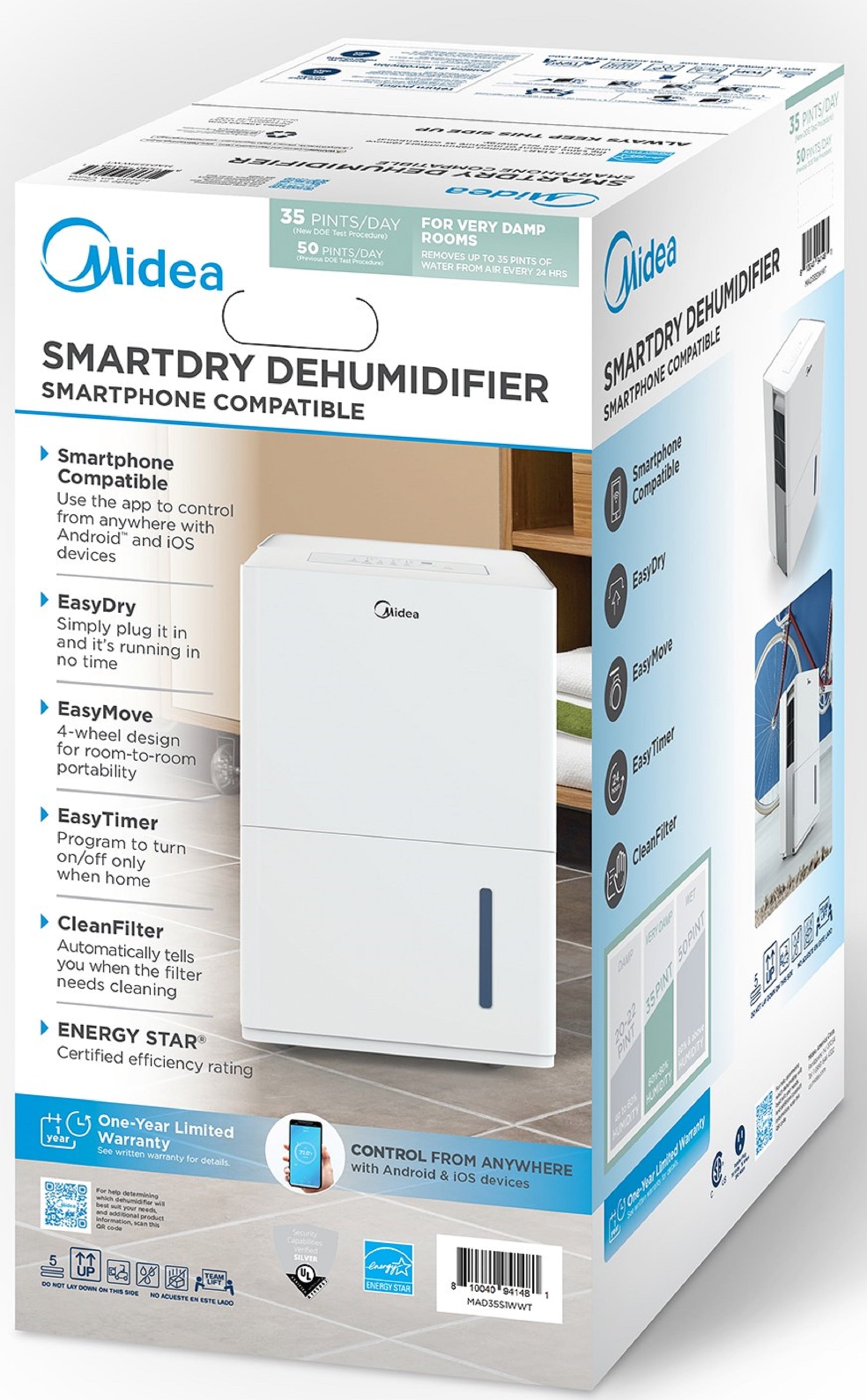Midea 35-Pint Smart Dehumidifier - Very Damp Rooms, Energy Star, White, MAD35S1WWT