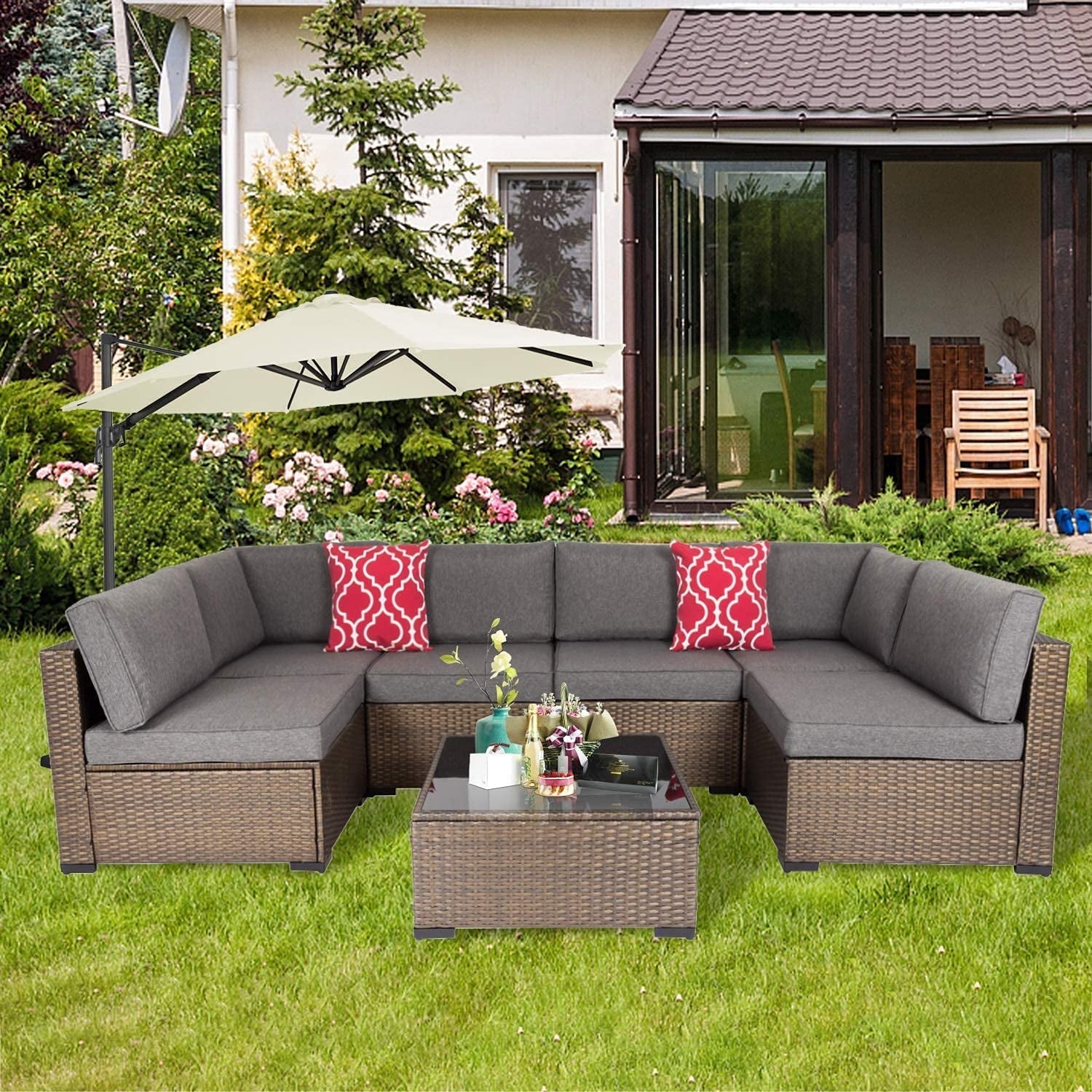 Kinbor 7pcs Outdoor Patio Furniture Set Wicker Sectional Sofa with Cushions, Maple Red