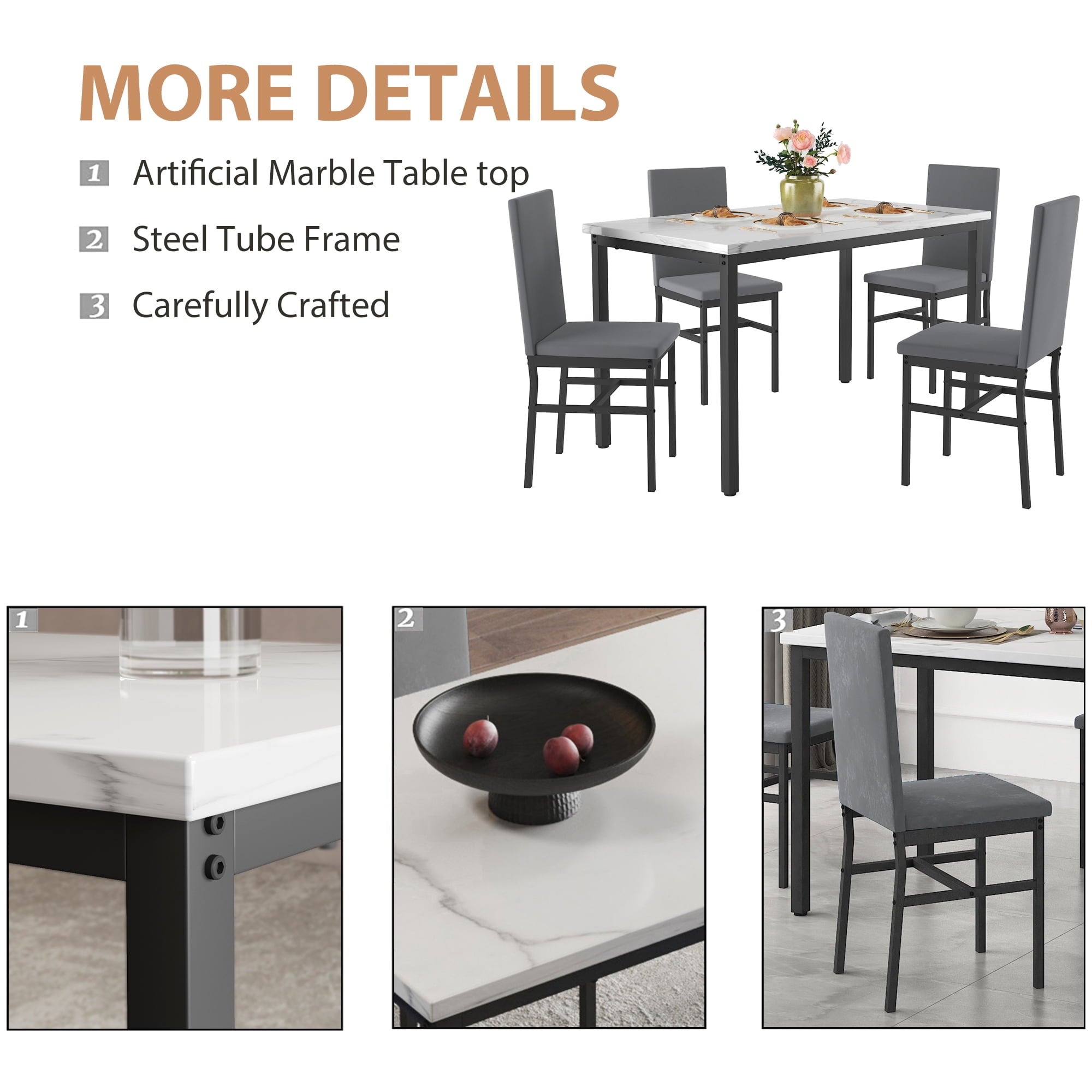 uhomepro 5 Pieces Dining Table Set, Elegant Marble Top Kitchen Table and Chairs for 4, Metal Frame Table and 4 Velvet Upholstered Chairs Perfect for Kitchen Breakfast Nook Bar Small Apartment