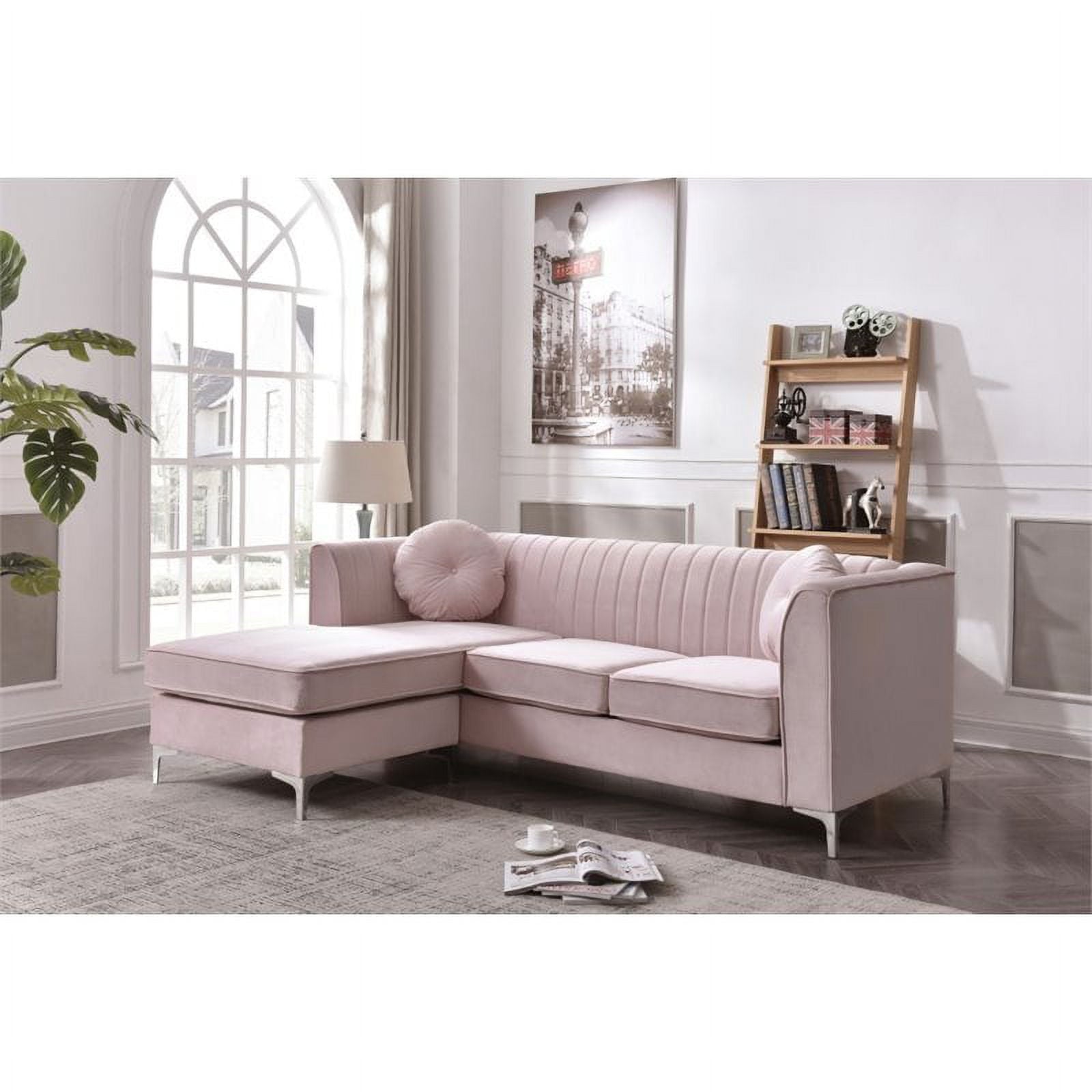 Pemberly Row Contemporary Velvet Sofa Chaise in Pink